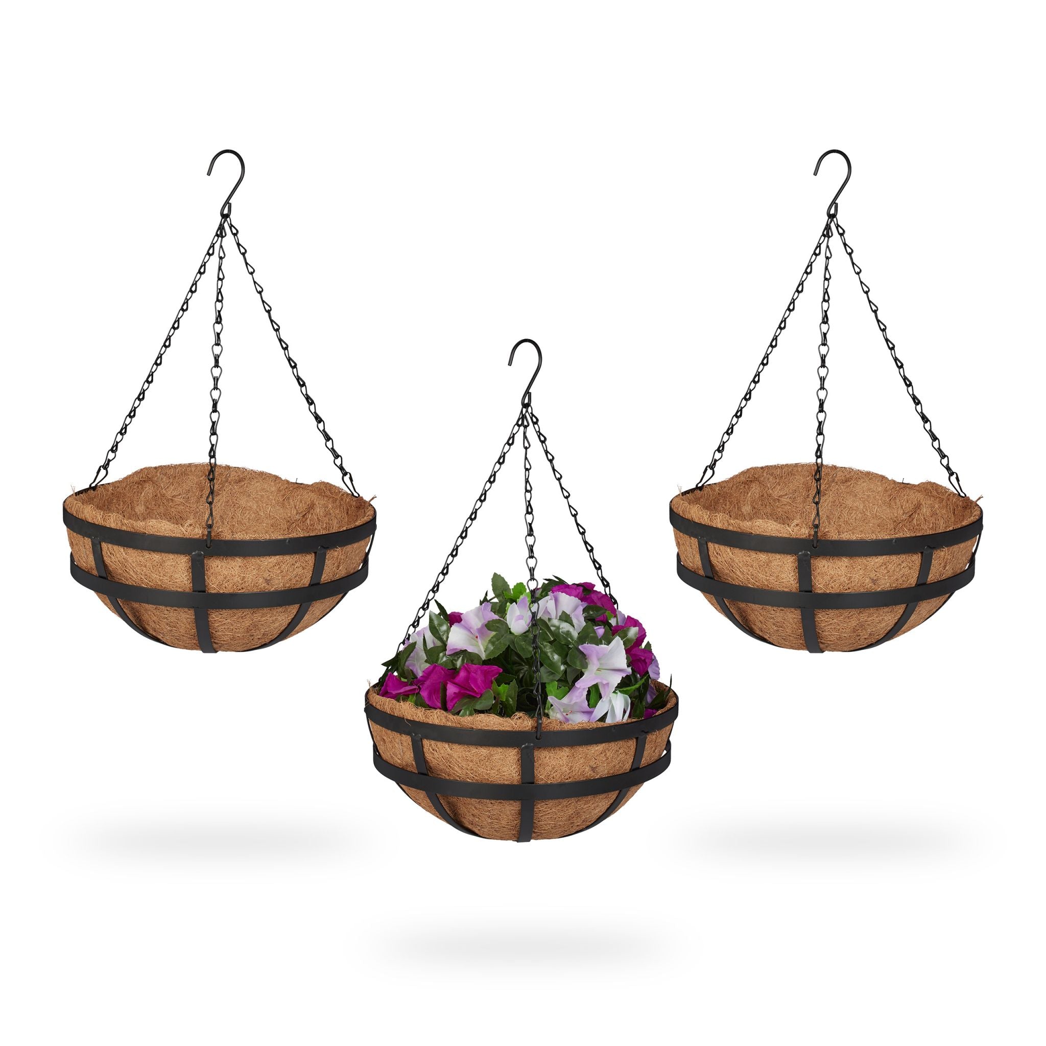 Blumenampel 3er-Set mit Kokoseinlage Hellbraun-Schwarz von Relaxdays