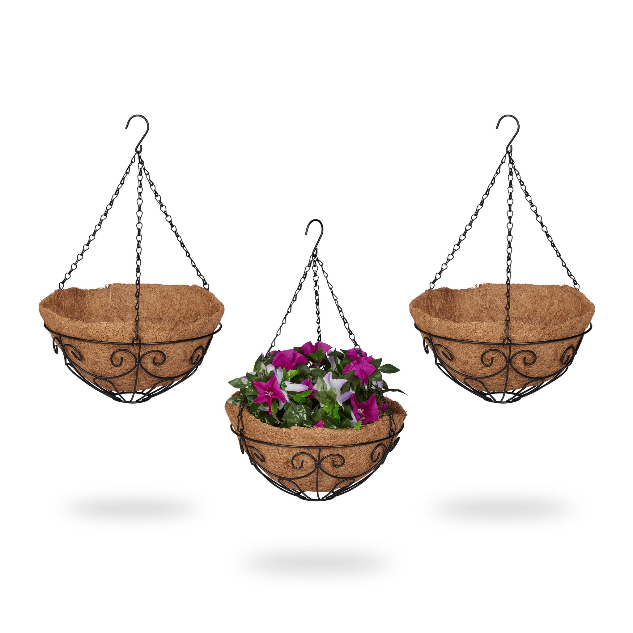 Blumenampel 3er-Set Kokos Hellbraun-Schwarz von Relaxdays