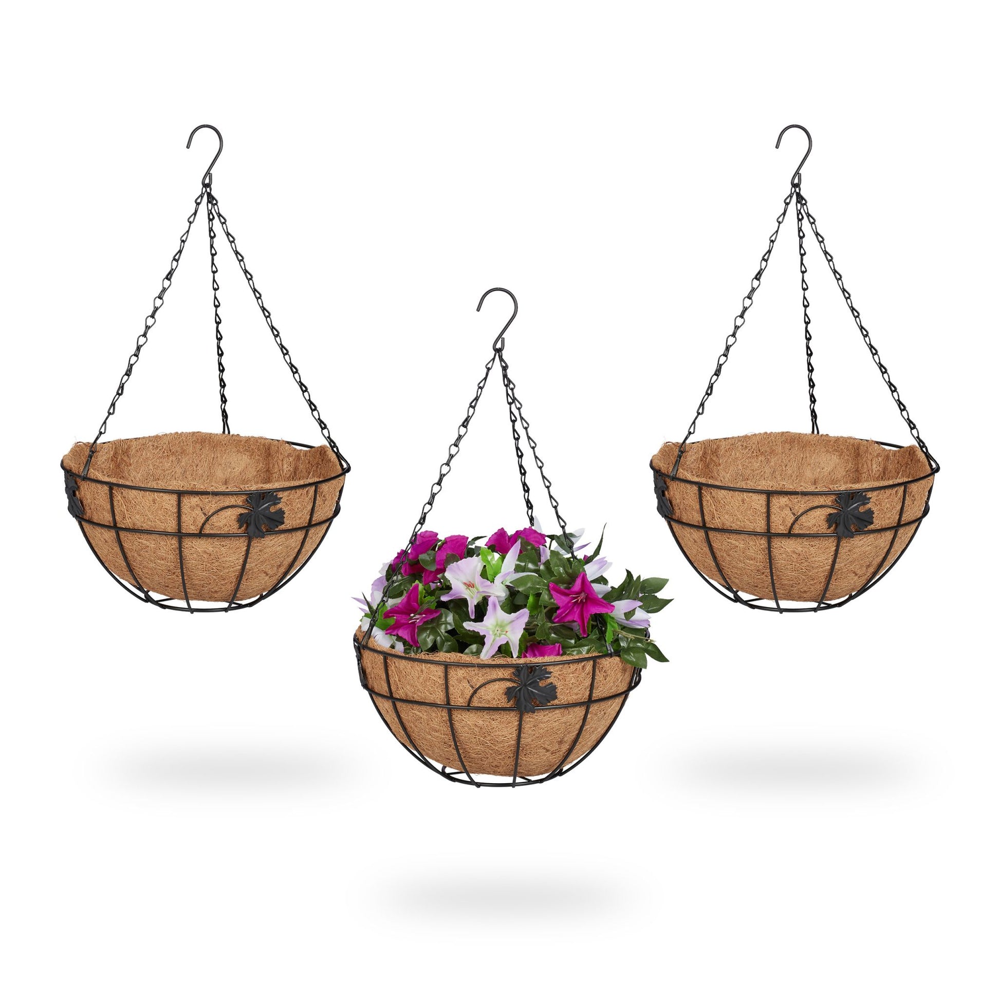 Blumenampel 3er-Set Kokos Hellbraun-Schwarz von Relaxdays