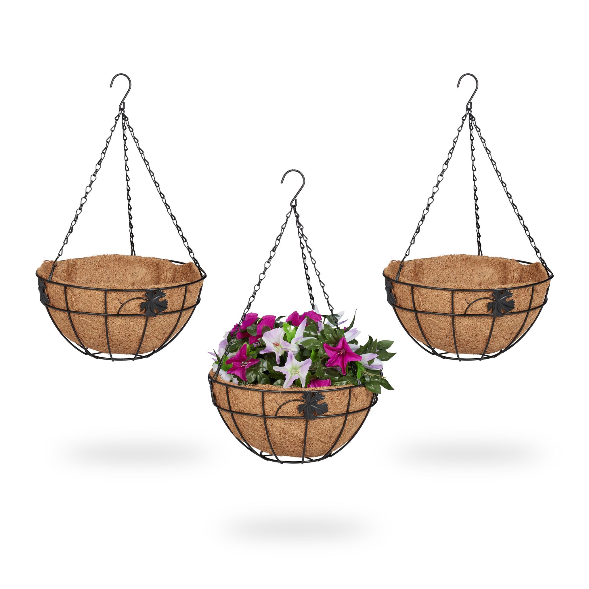 Blumenampel 3er-Set Kokos Hellbraun-Schwarz von Relaxdays