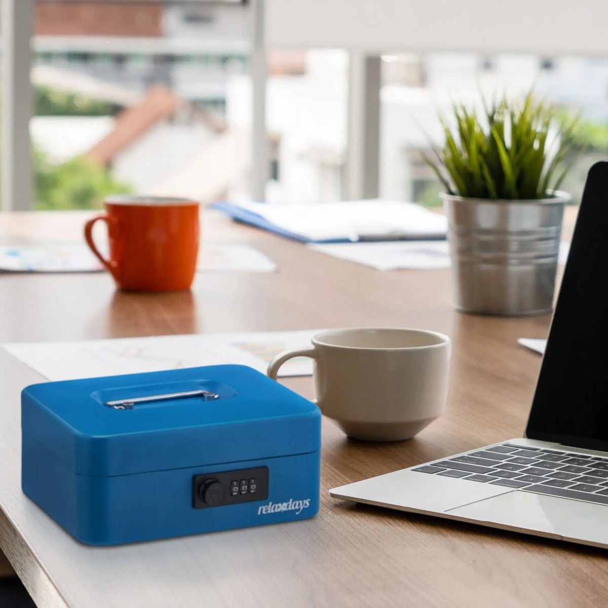 Geldkassette mit Zahlenschloss Blau-Schwarz-Silber von Relaxdays
