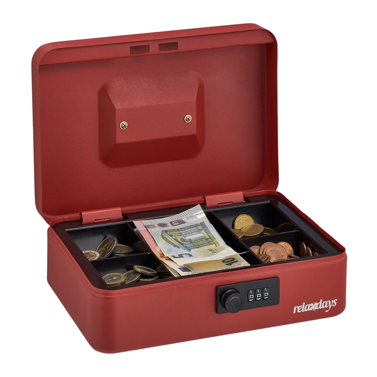 Geldkassette mit Zahlenschloss Rot-Schwarz-Silber von Relaxdays