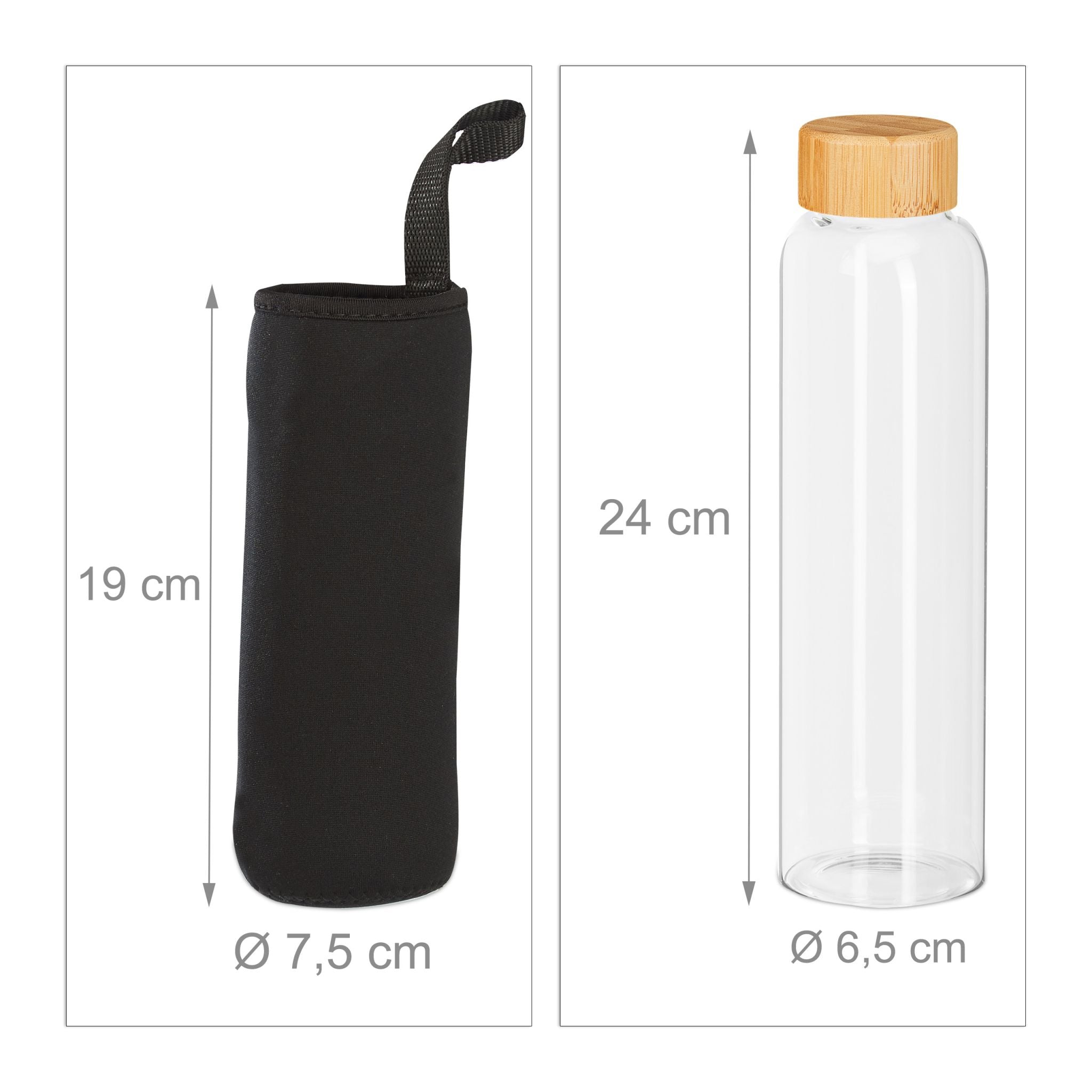 Trinkflasche mit Bambusdeckel 500ml 6er-Set Hellbraun-Schwarz-Transparent von Relaxdays