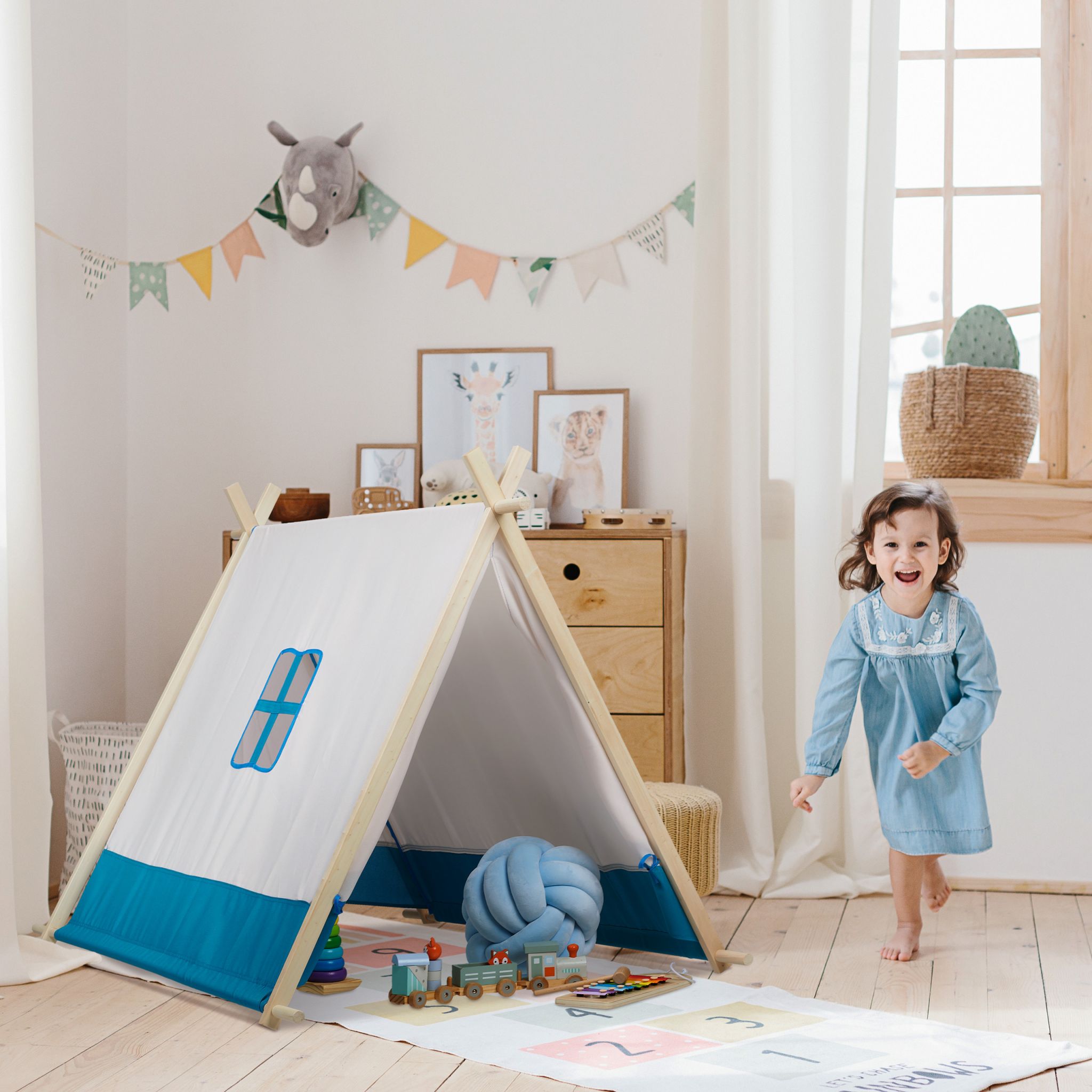 Flaches Spielzelt für Kinder Weiss-Blau-Hellbraun von guteszeug.ch