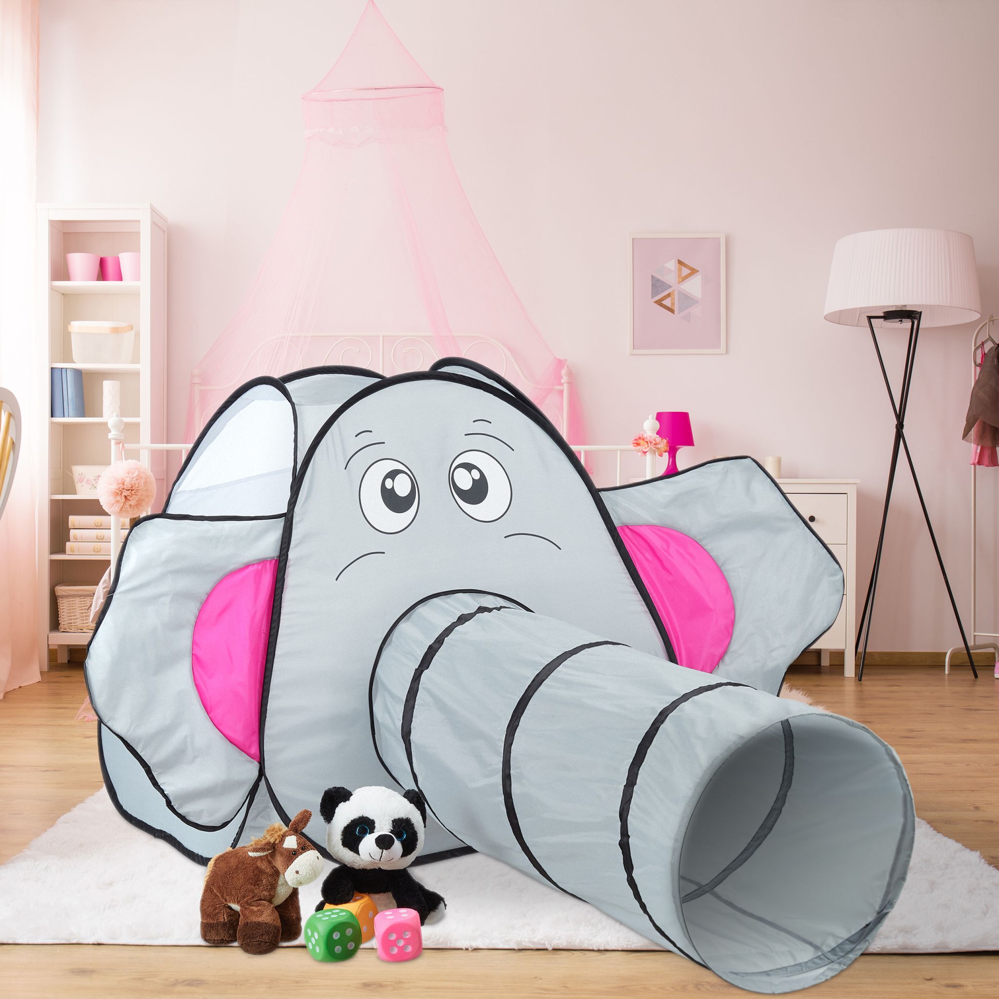 Pop Up Spielzelt Elefant Pink-Schwarz-Grau von guteszeug.ch
