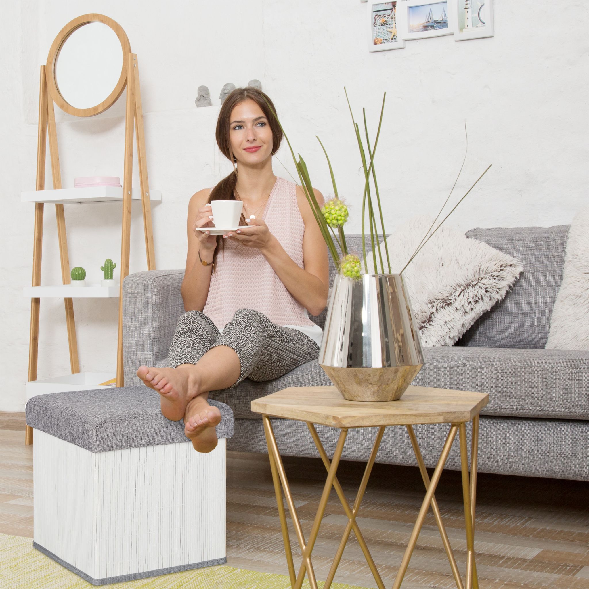 Sitzhocker mit Stauraum Weiss-Grau von Relaxdays