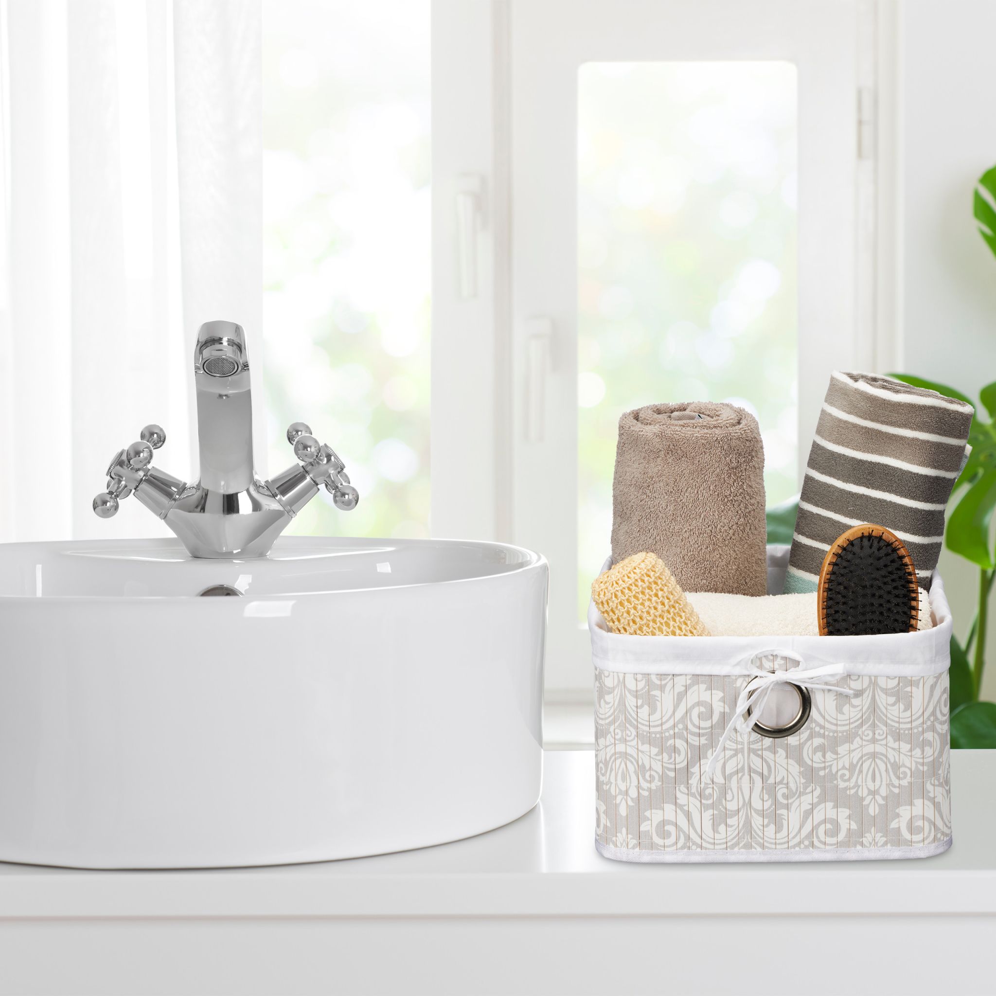 Aufbewahrungskorb Bambus Weiss-Grau von Relaxdays