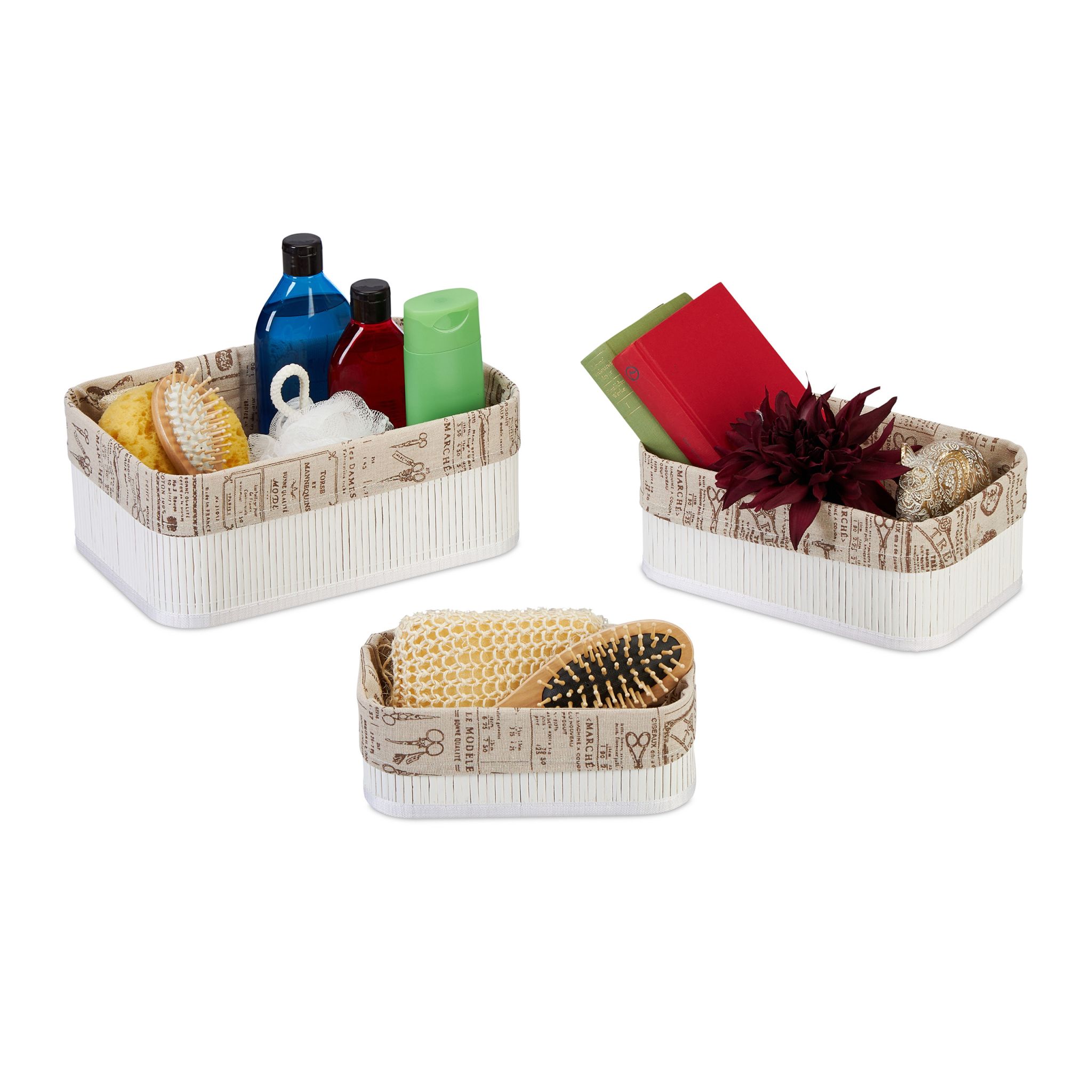 Aufbewahrungskorb 3er-Set Bambus Beige-Weiss-Dunkelbraun von Relaxdays
