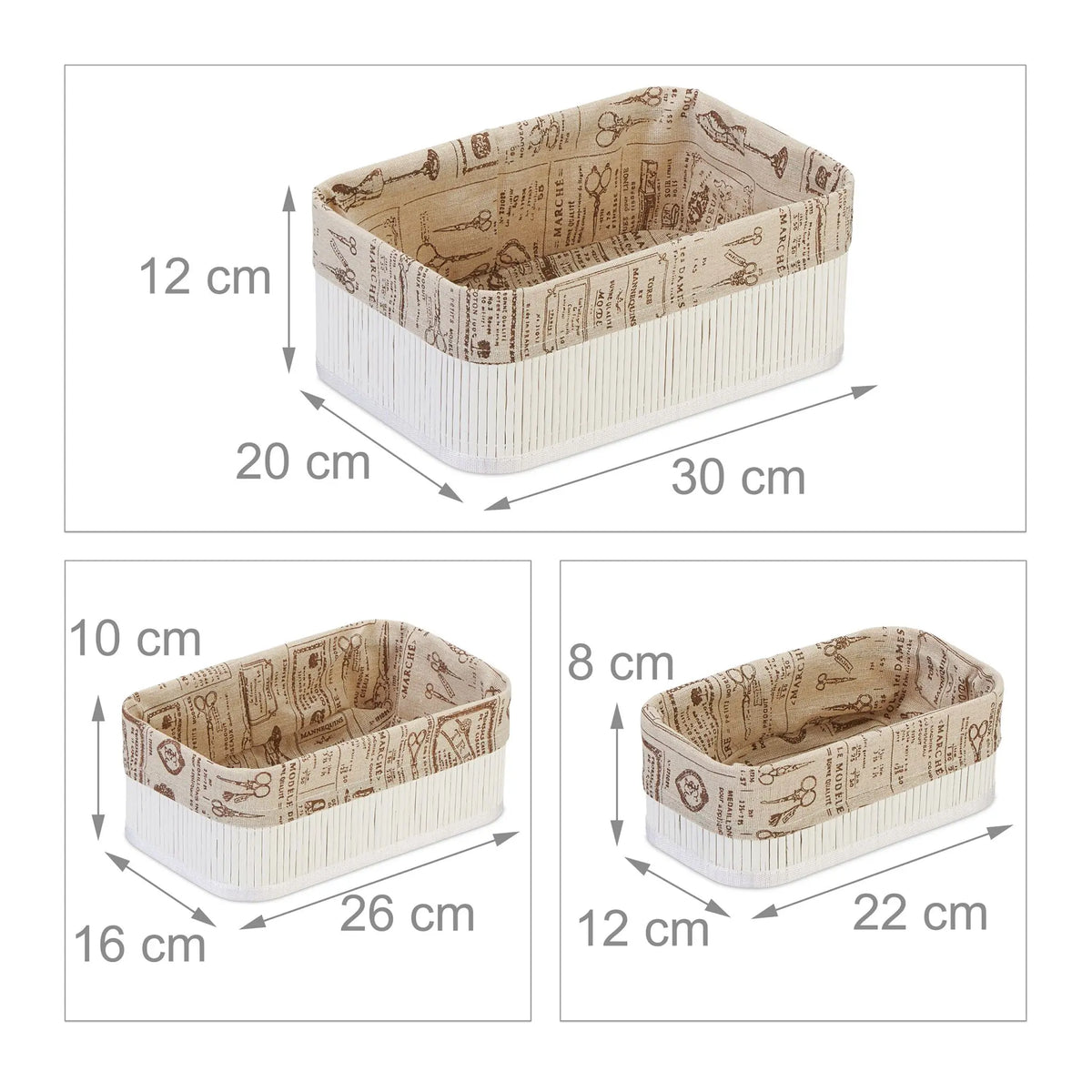 Aufbewahrungskorb 3er-Set Bambus Beige-Weiss-Dunkelbraun von Relaxdays