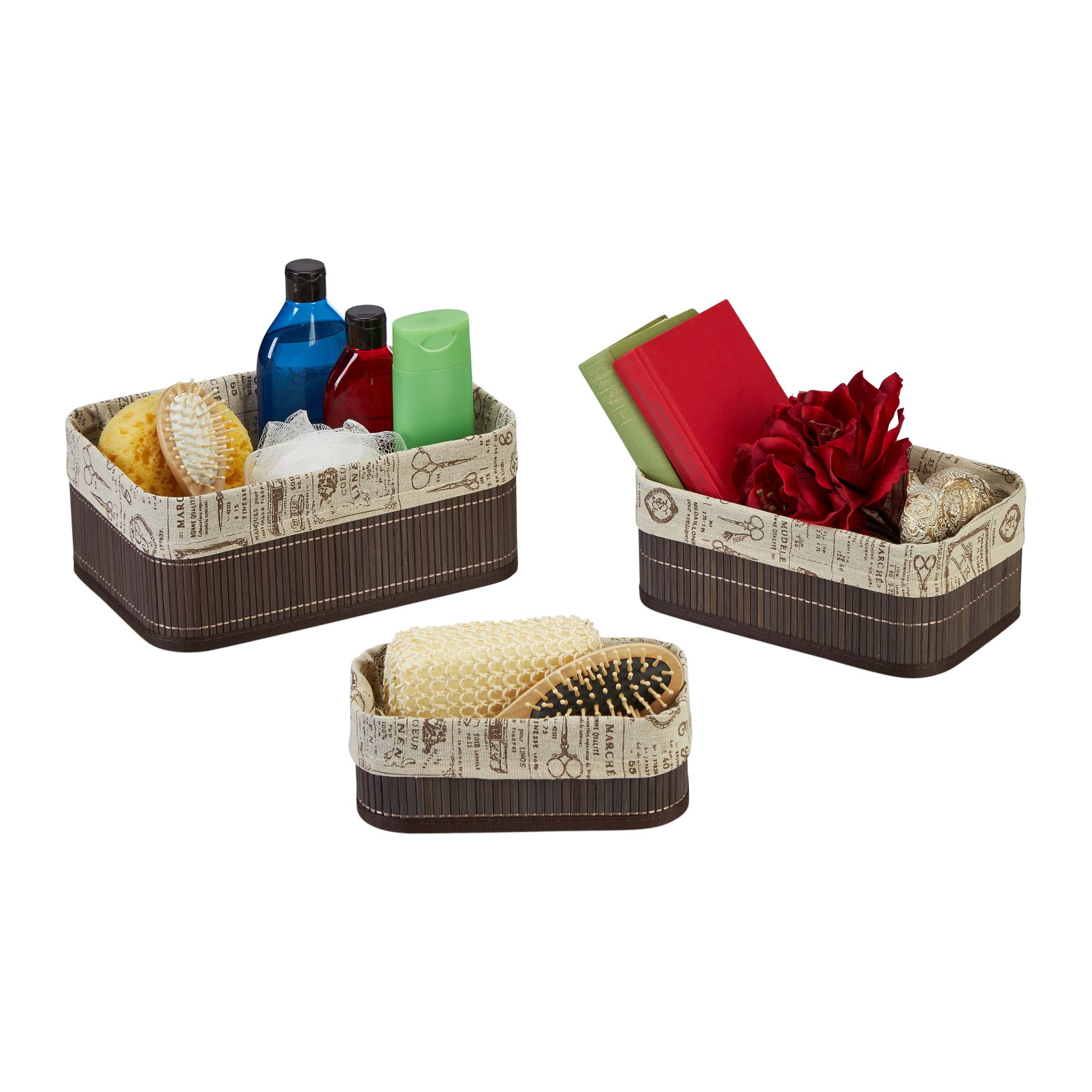 Aufbewahrungskorb 3er-Set Bambus Beige-Braun-Dunkelbraun von Relaxdays