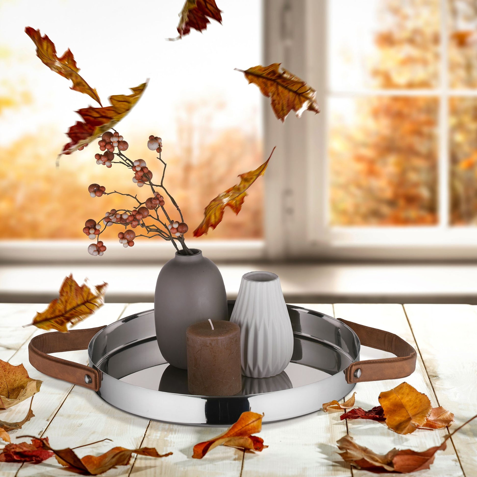 Rundes Serviertablett Braun-Silber von Relaxdays