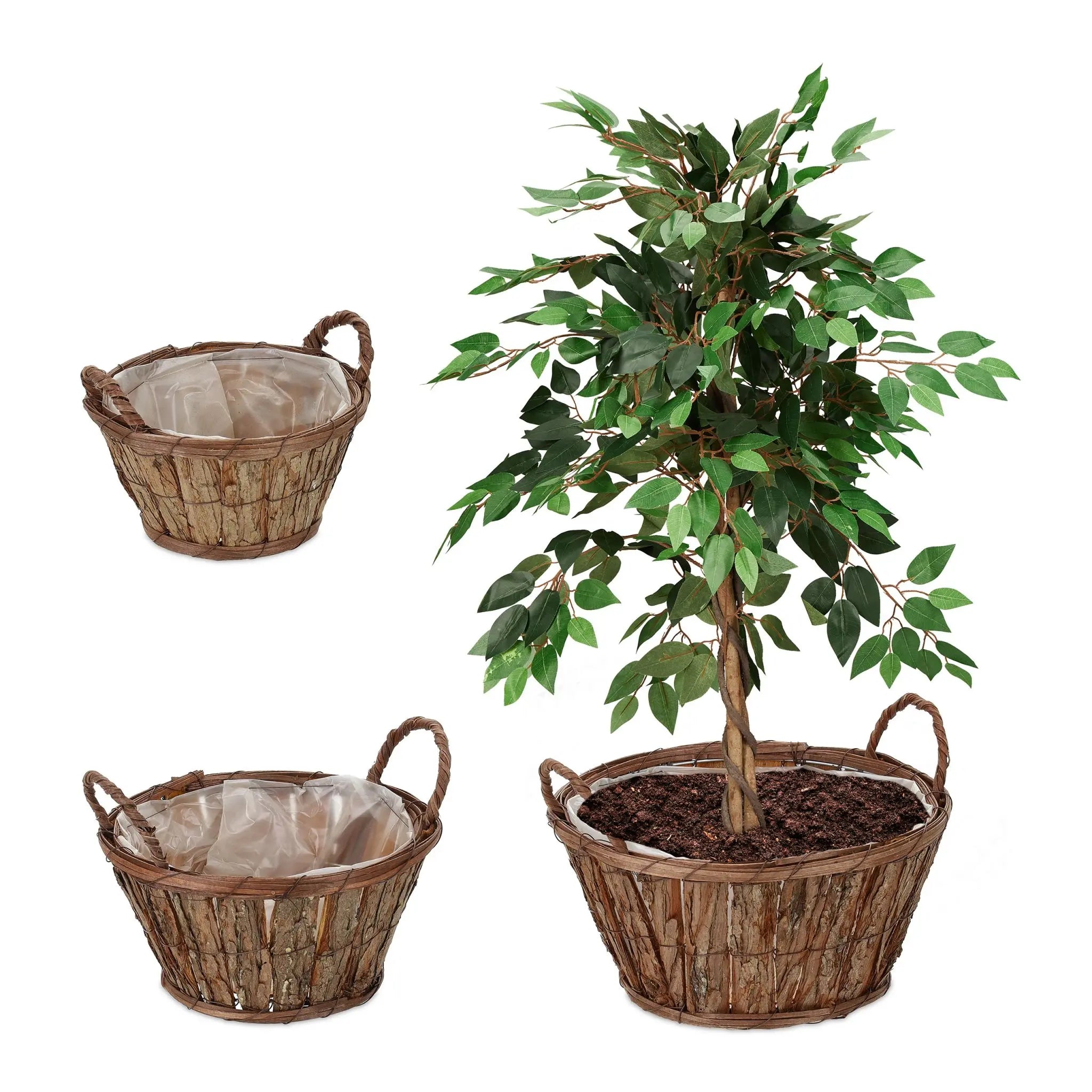 Runder Blumentopf Holz 3er-Set Weiss-Braun von Relaxdays