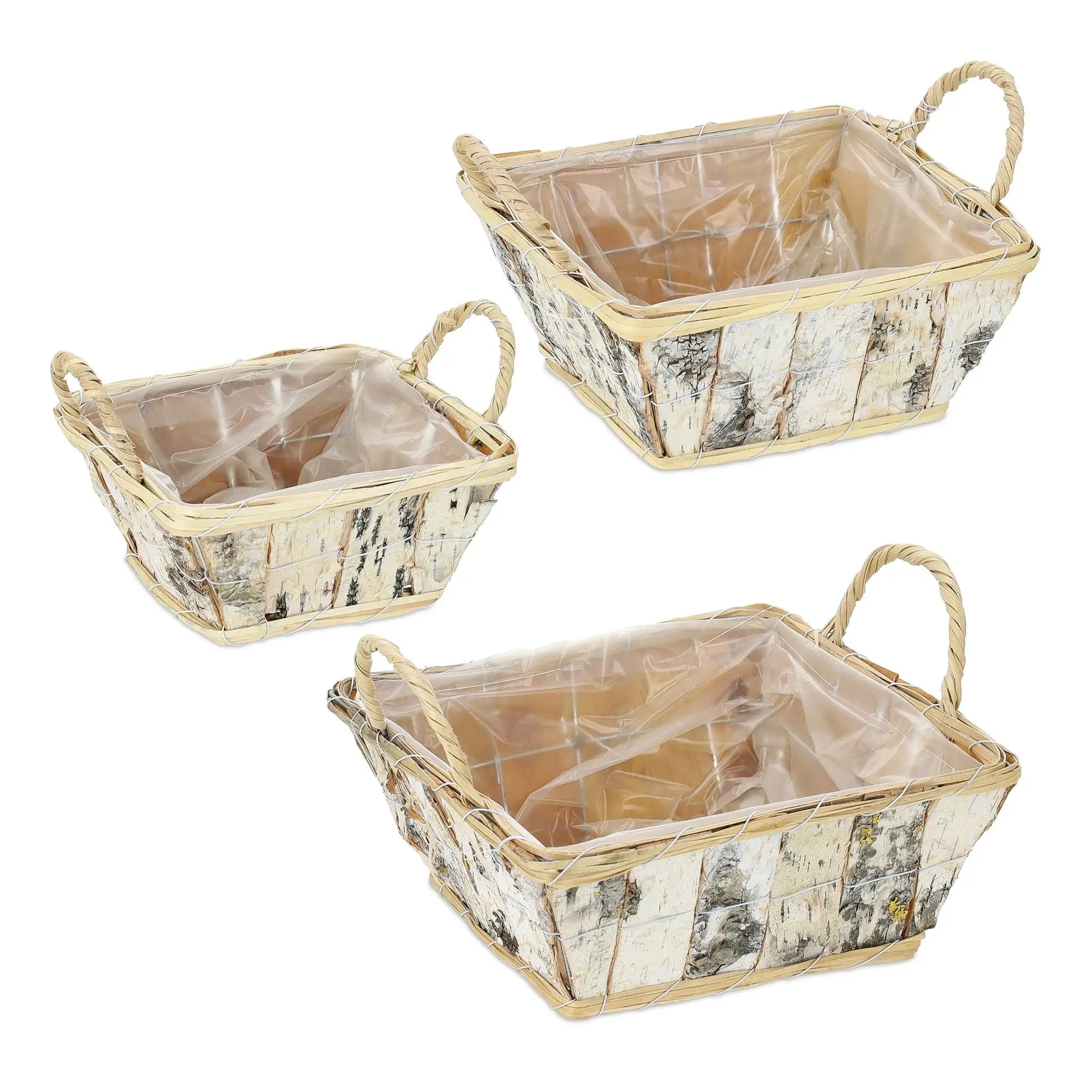 Eckiger Blumentopf Birke 3er-Set Weiss-Hellbraun-Schwarz von Relaxdays