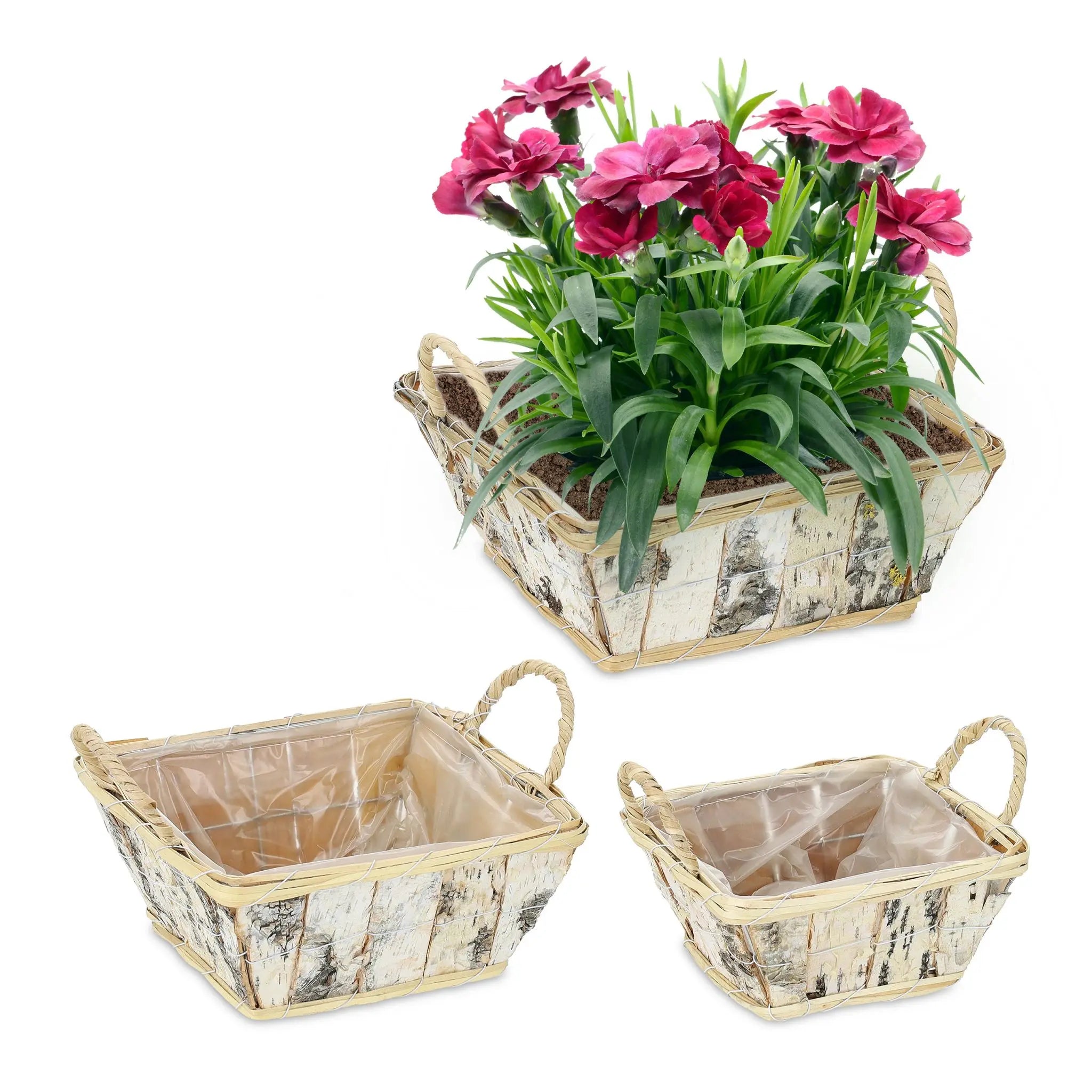 Eckiger Blumentopf Birke 3er-Set Weiss-Hellbraun-Schwarz von Relaxdays