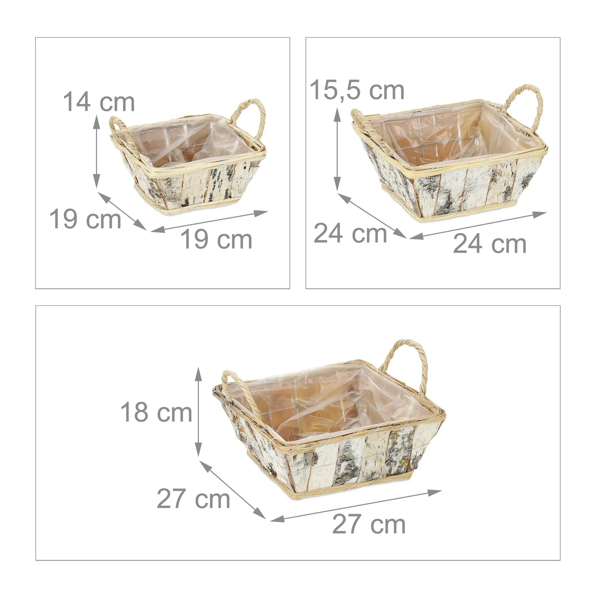 Eckiger Blumentopf Birke 3er-Set Weiss-Hellbraun-Schwarz von Relaxdays