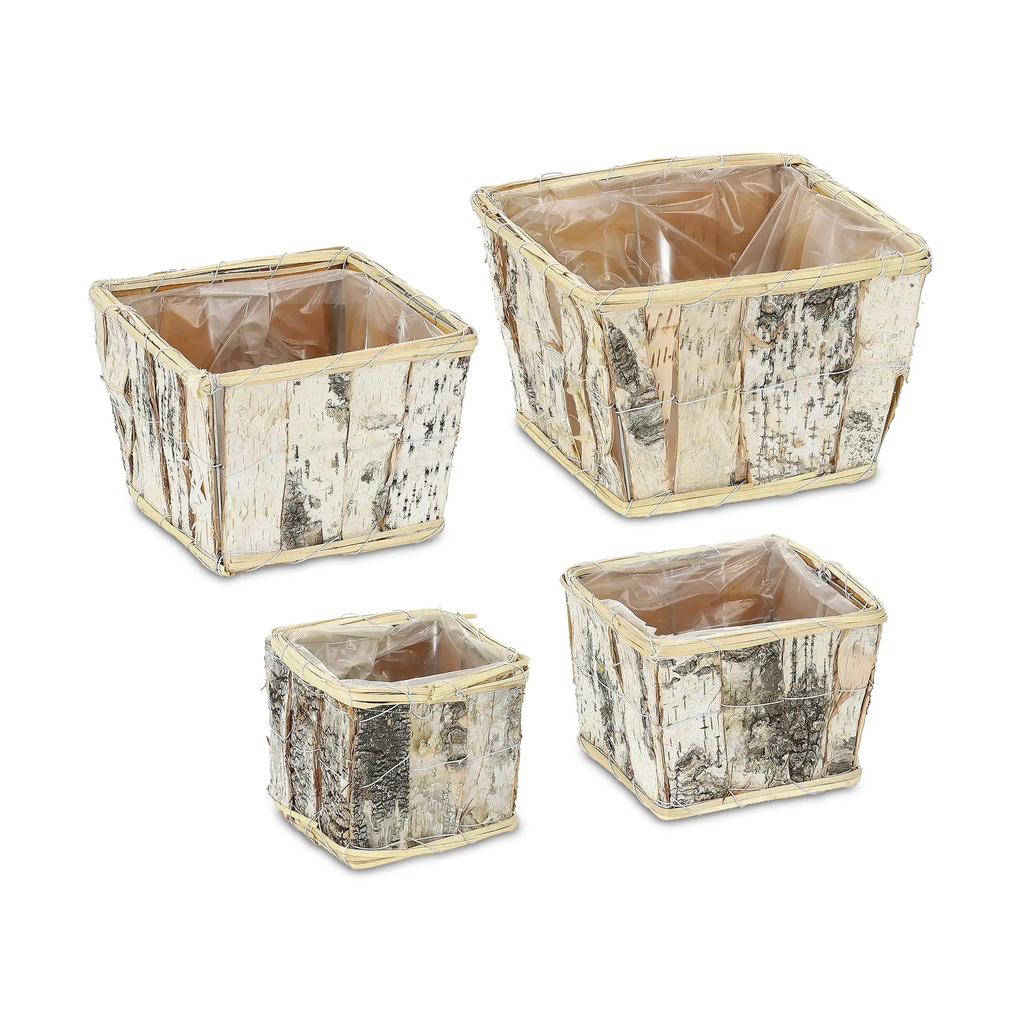 Eckiger Blumentopf Birke 4er-Set Weiss-Hellbraun-Schwarz von Relaxdays
