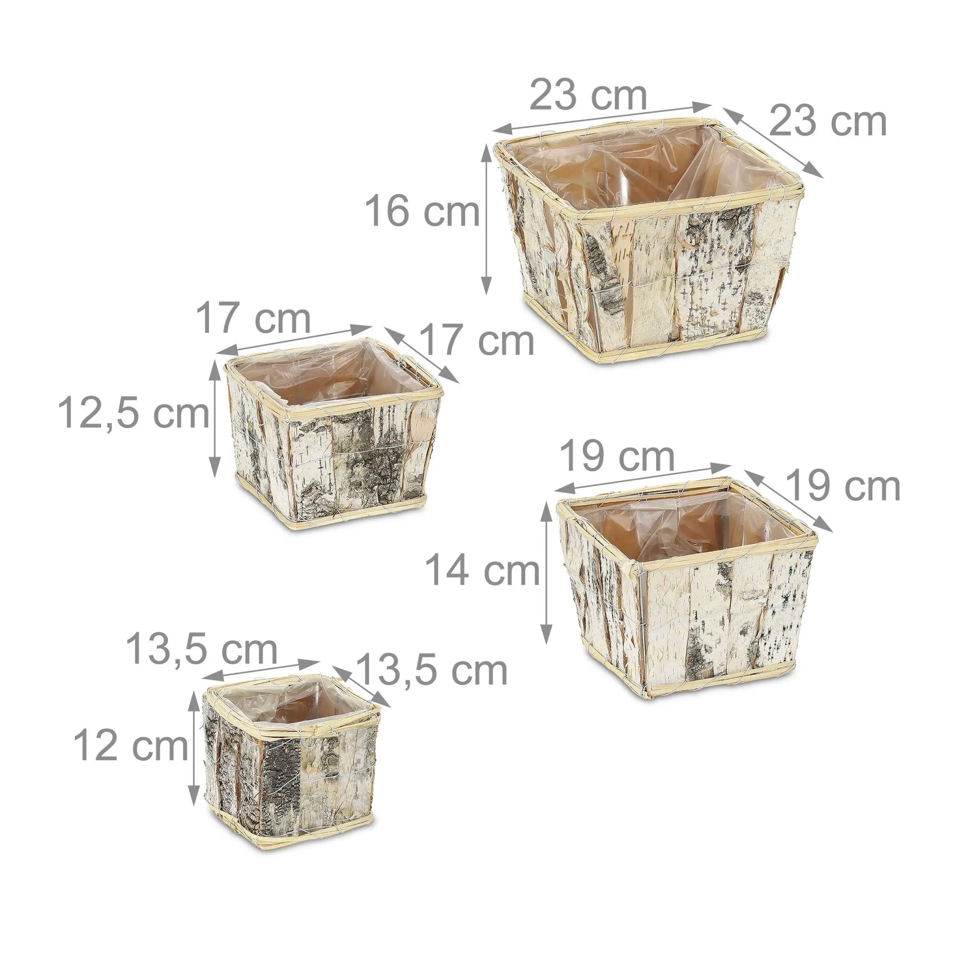 Eckiger Blumentopf Birke 4er-Set Weiss-Hellbraun-Schwarz von Relaxdays