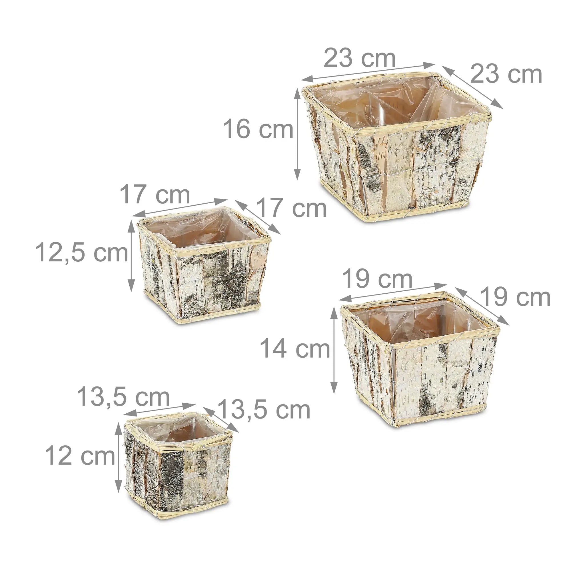 Eckiger Blumentopf Birke 4er-Set Weiss-Hellbraun-Schwarz von Relaxdays
