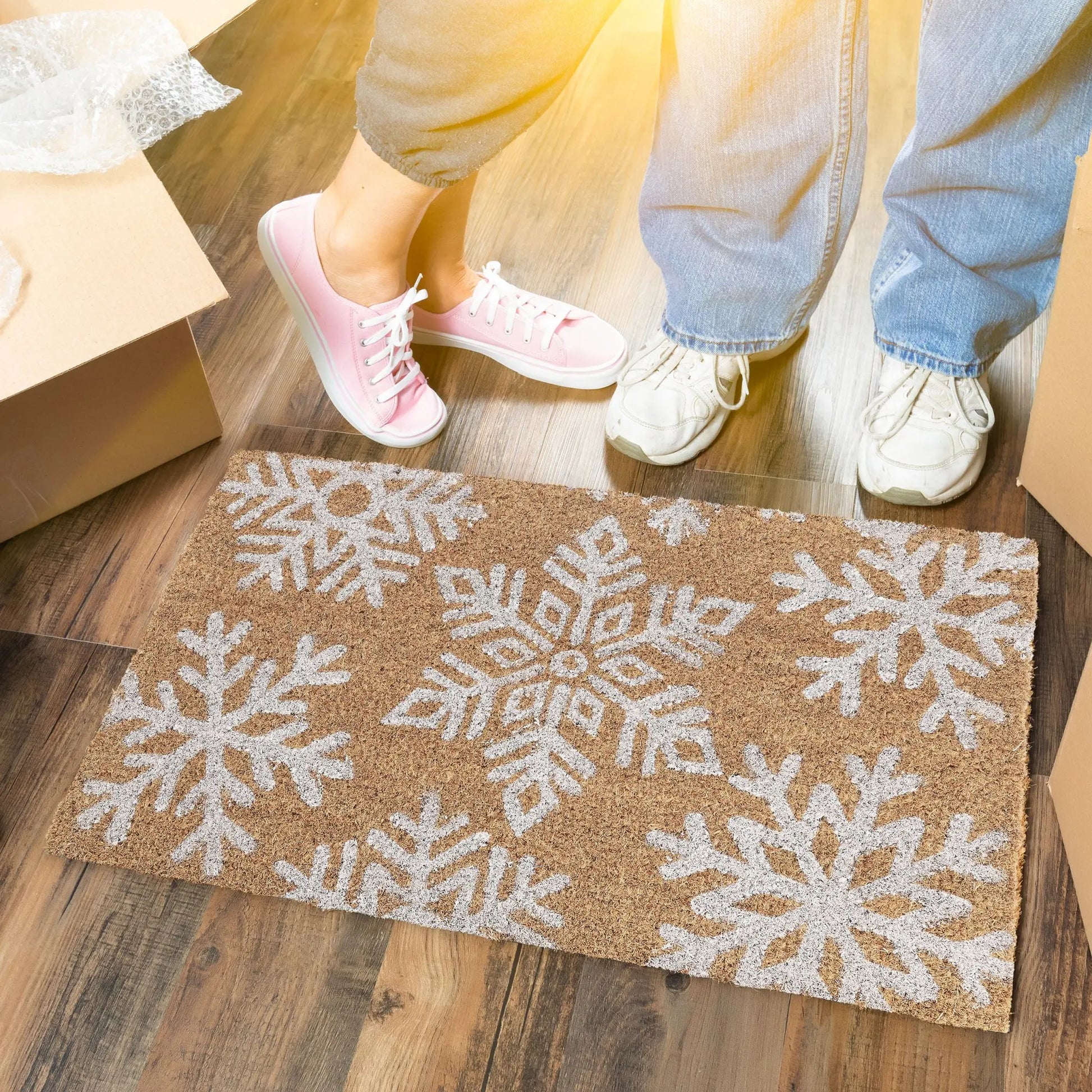Kokos Fussmatte Schneeflocken Weiss-Hellbraun von Relaxdays