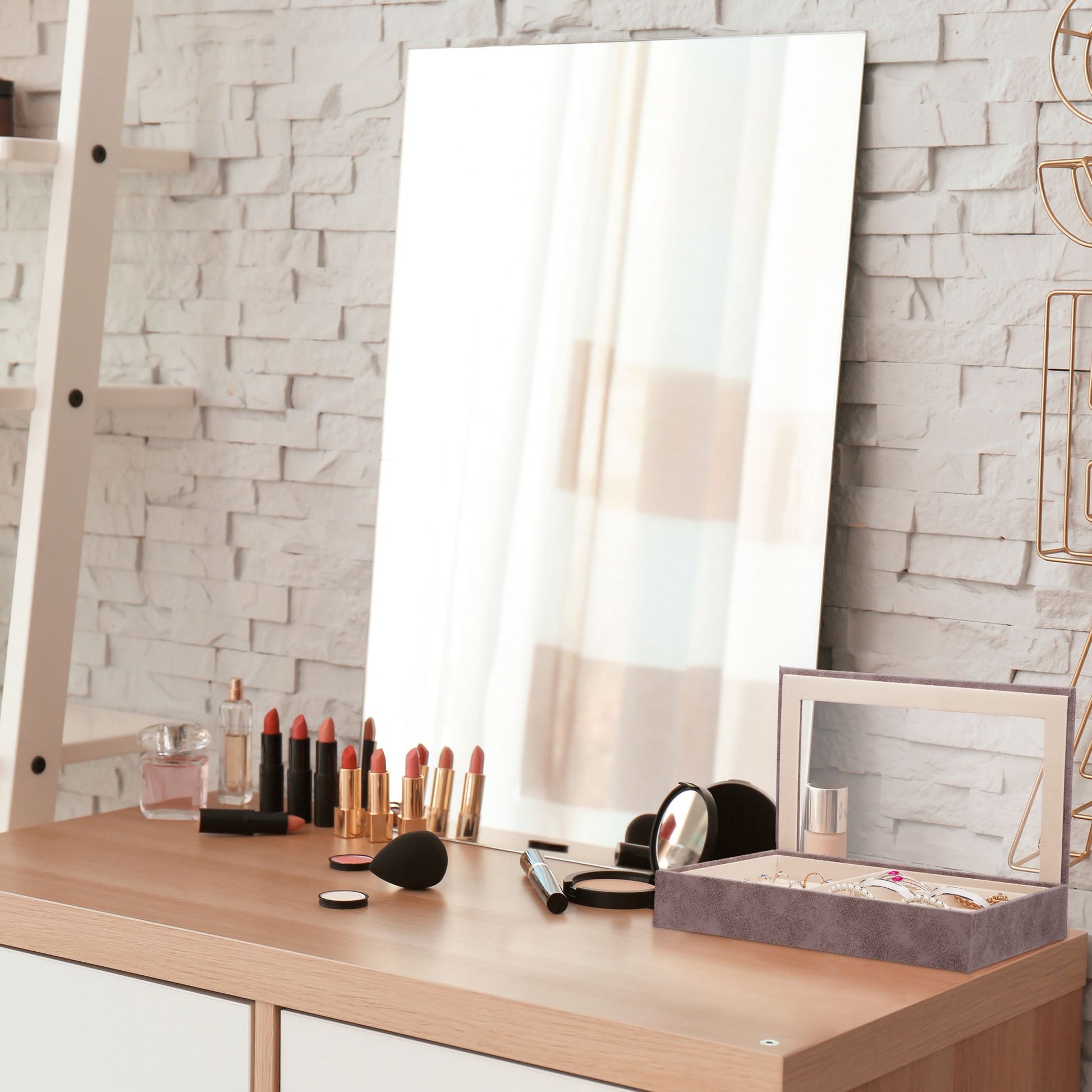 Schmuckkästchen mit Sichtfenster Creme-Grau von Relaxdays