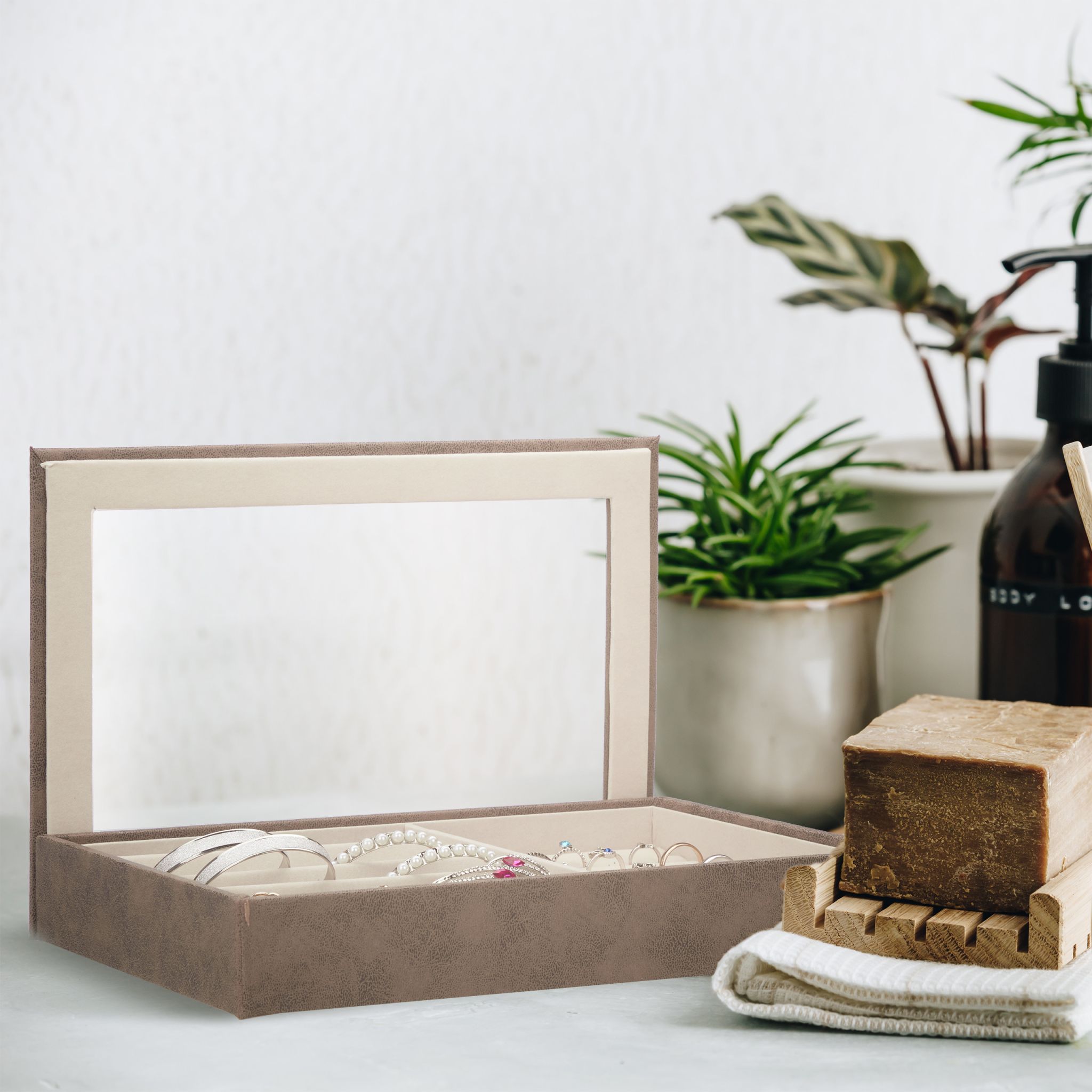 Schmuckkästchen mit Sichtfenster Braun-Creme von Relaxdays