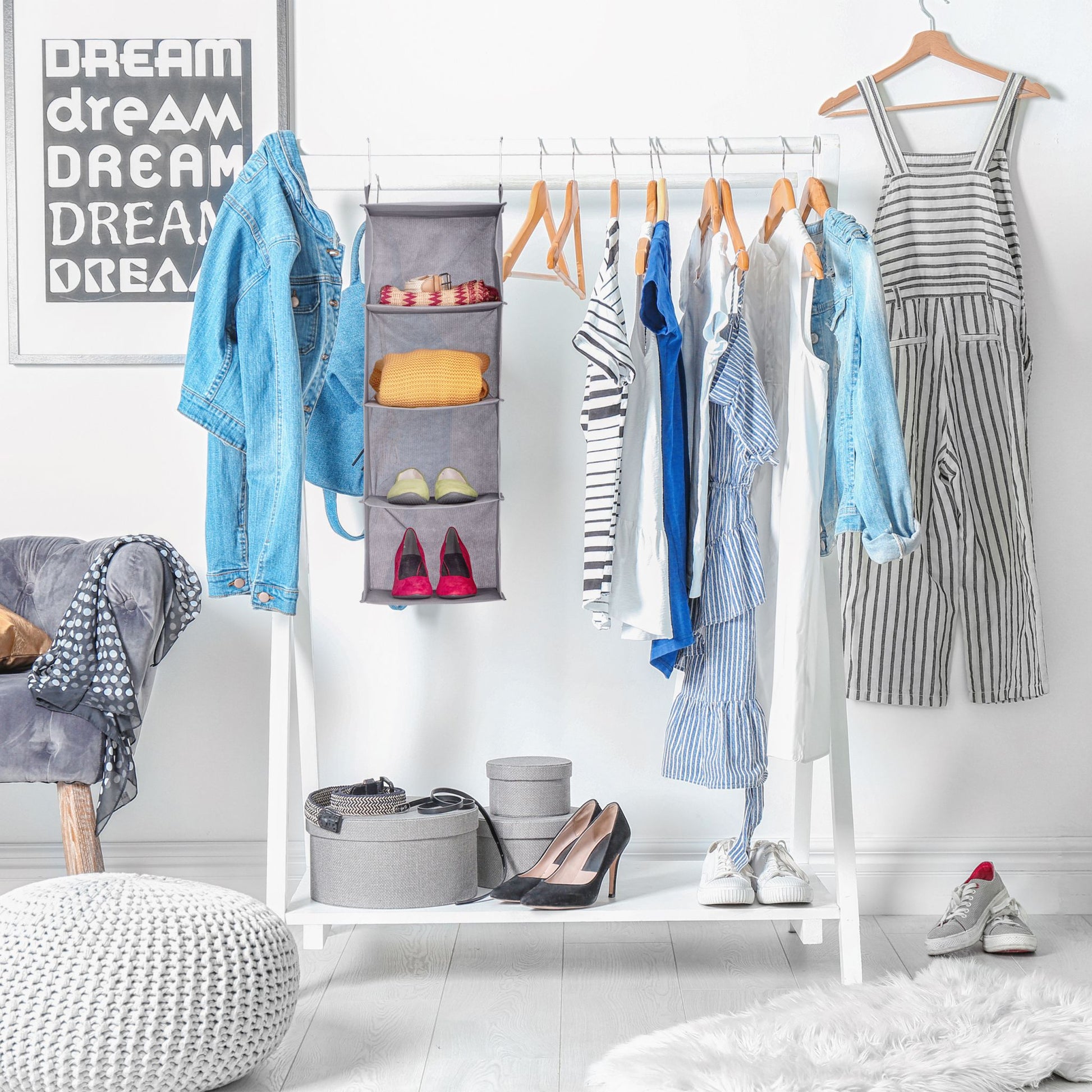 Hängeregal Kleiderschrank 4 Fächer Grau von Relaxdays
