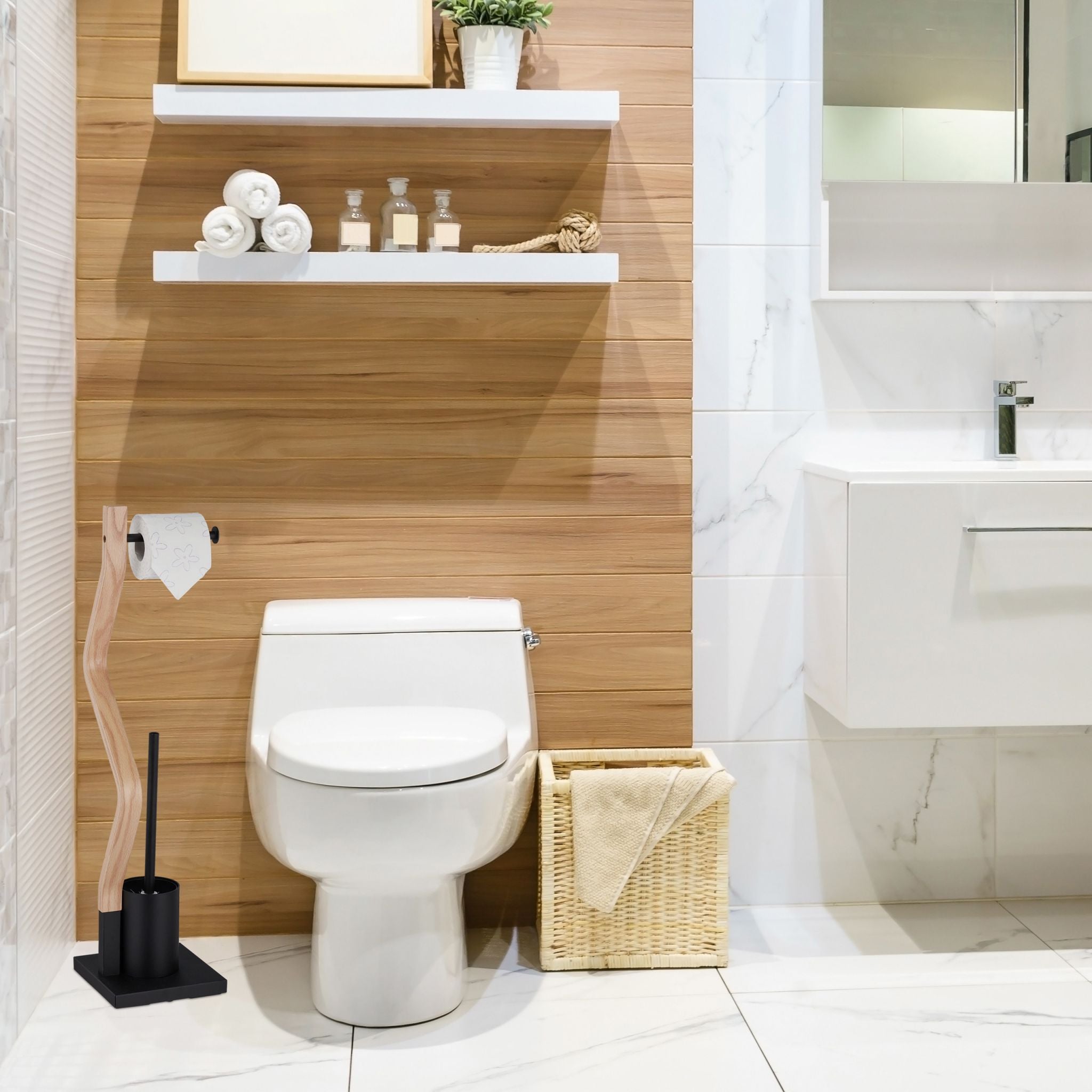 WC Garnitur Stahl & Holzoptik Hellbraun-Schwarz von Relaxdays