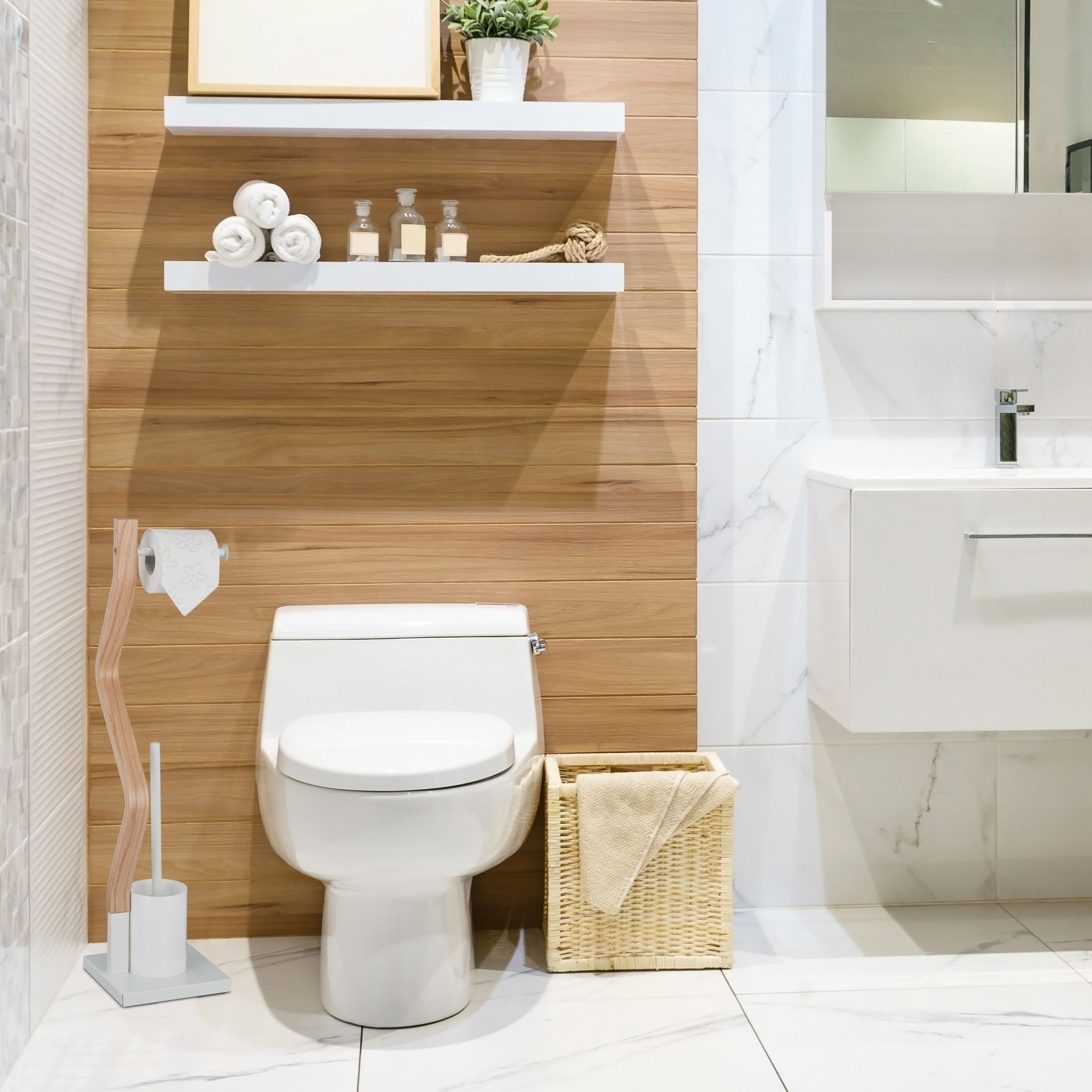WC Garnitur Stahl & Holzoptik Weiss-Hellbraun von Relaxdays