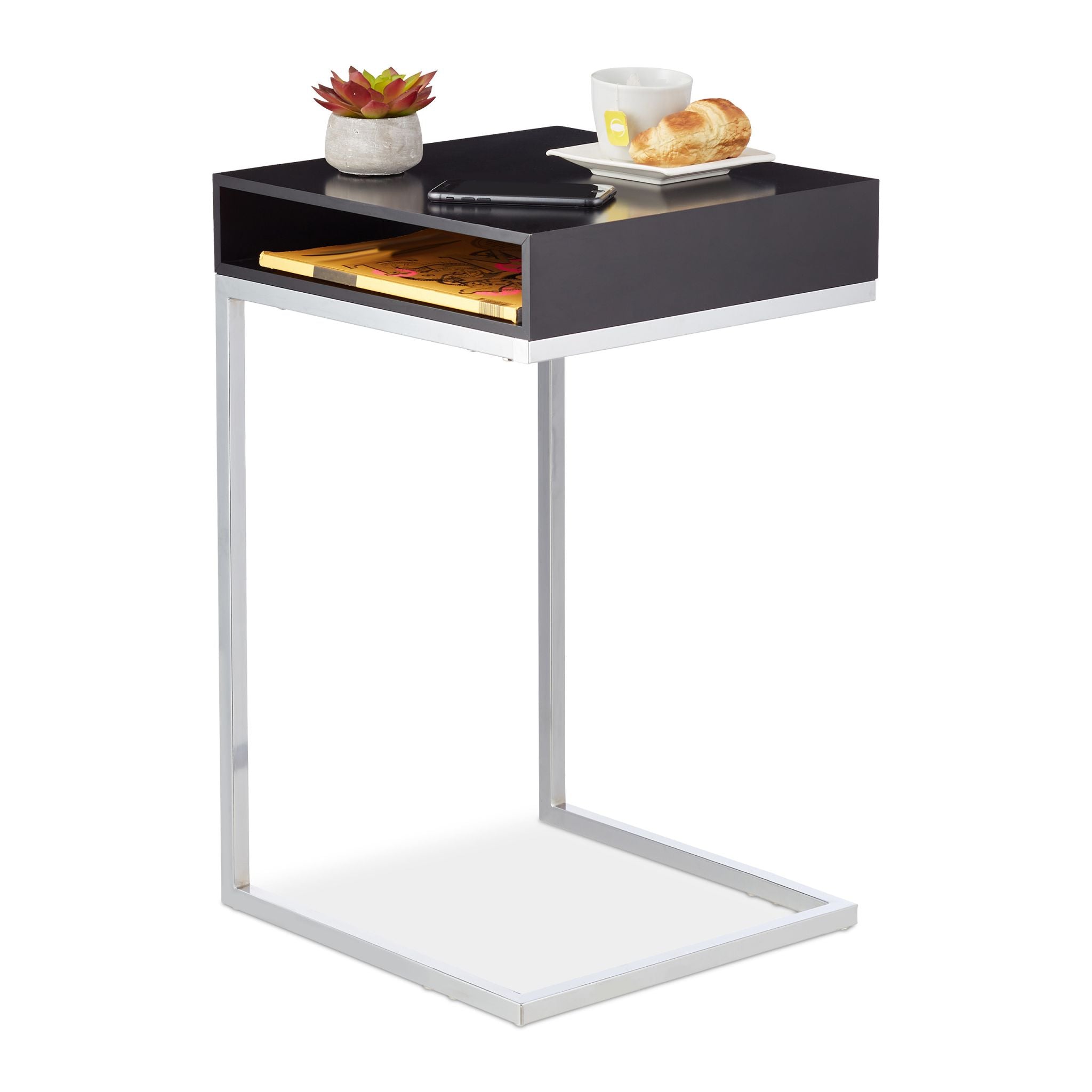 Beistelltisch in C-Form mit Ablagefach Schwarz-Silber von Relaxdays