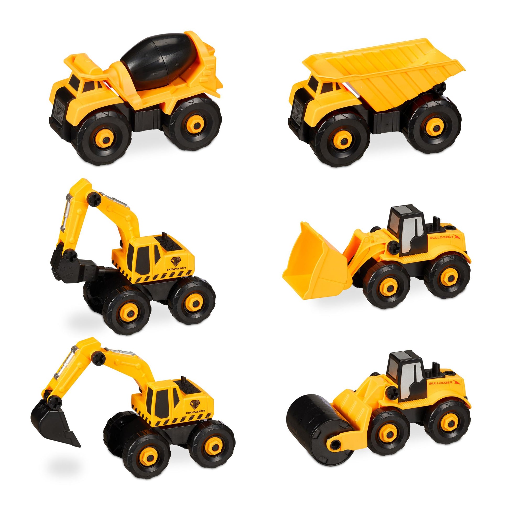 Baustellenfahrzeuge Kinder 6-tlg. Set Gelb-Schwarz-Grau von Relaxdays