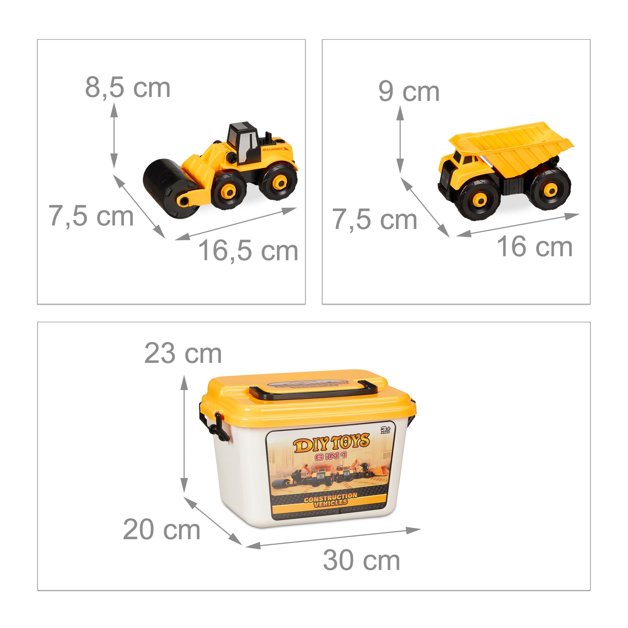 Baustellenfahrzeuge Kinder 6-tlg. Set Gelb-Schwarz-Grau von Relaxdays