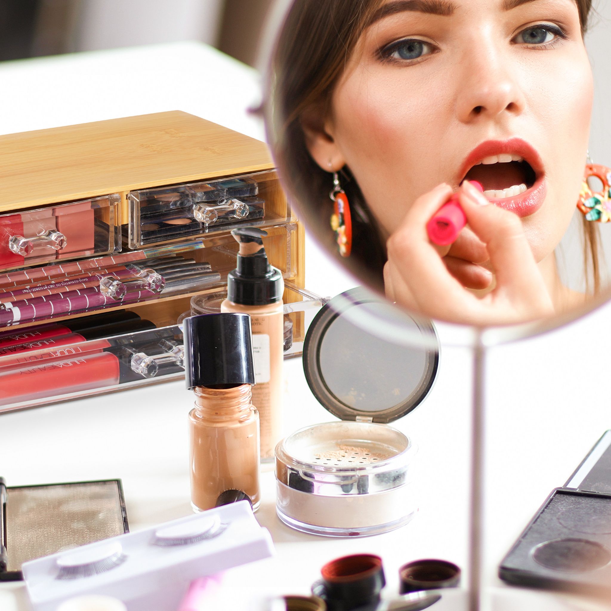 Make Up Organizer mit 4 Schubladen Hellbraun-Transparent von Relaxdays