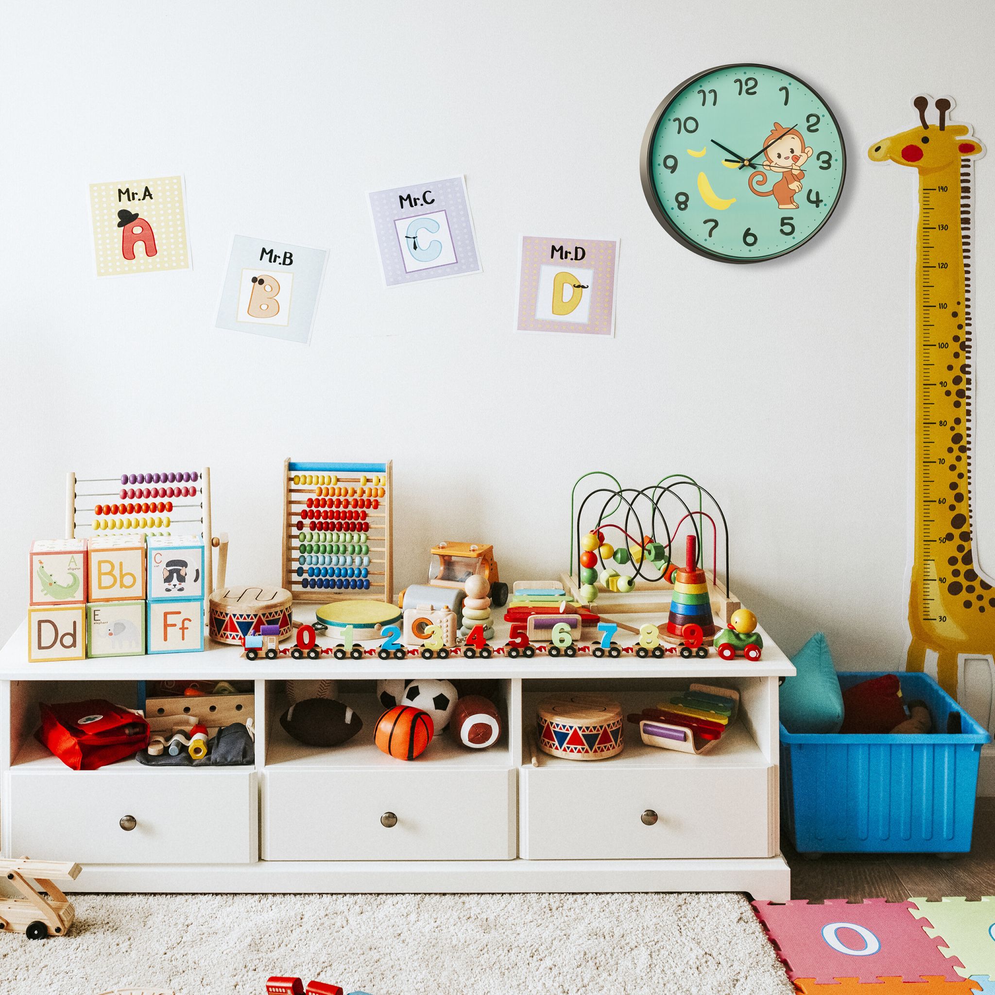 Wanduhr Affe für Kinder Gelb-Schwarz-Türkis von Relaxdays