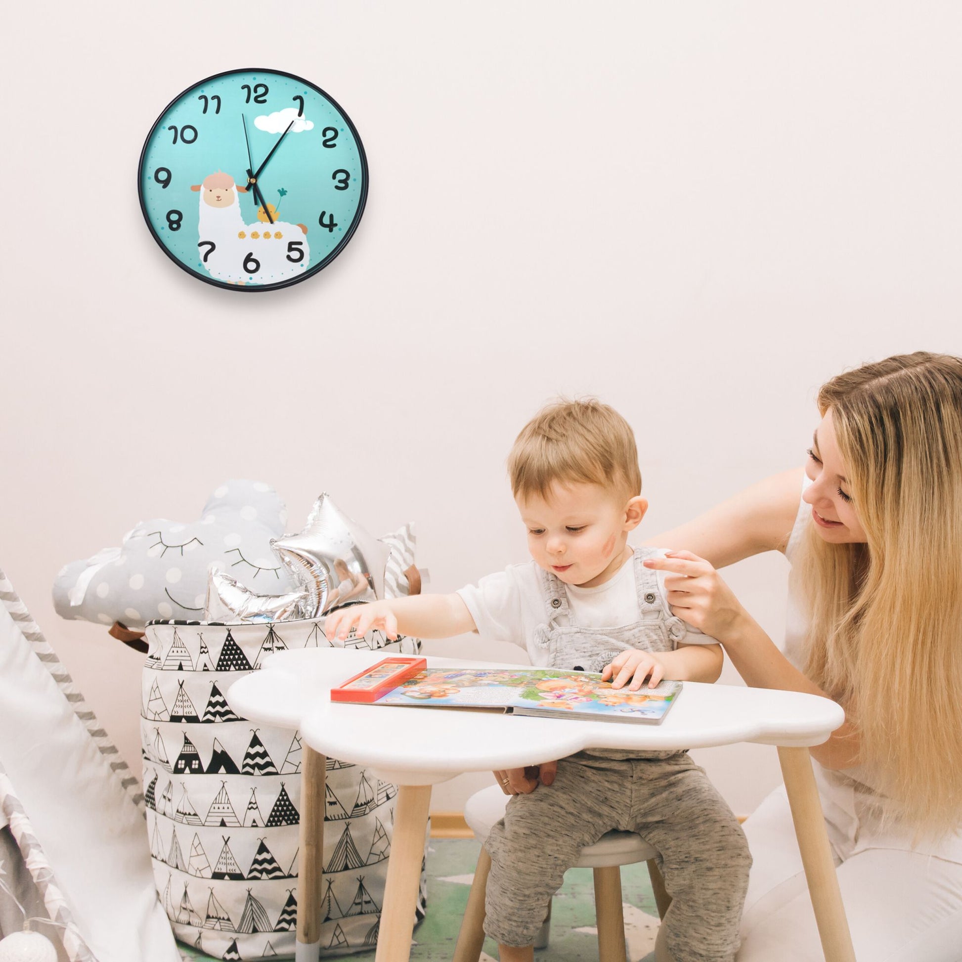 Wanduhr Lama für Kinder Weiss-Schwarz-Türkis von Relaxdays