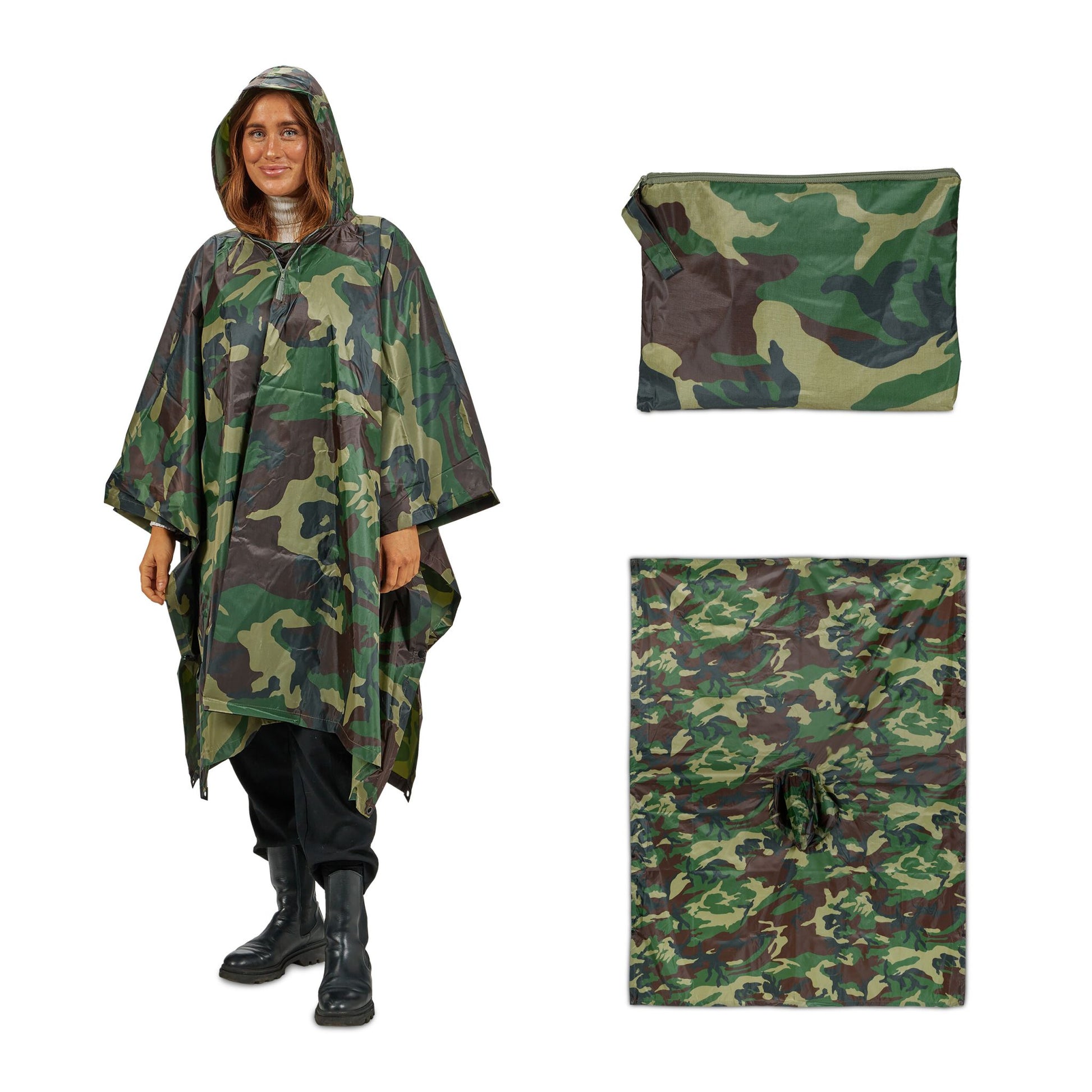 Regenponcho Mehrzweck 3 in 1 Tarn Braun-Dunkelgrün-Schwarz von Relaxdays
