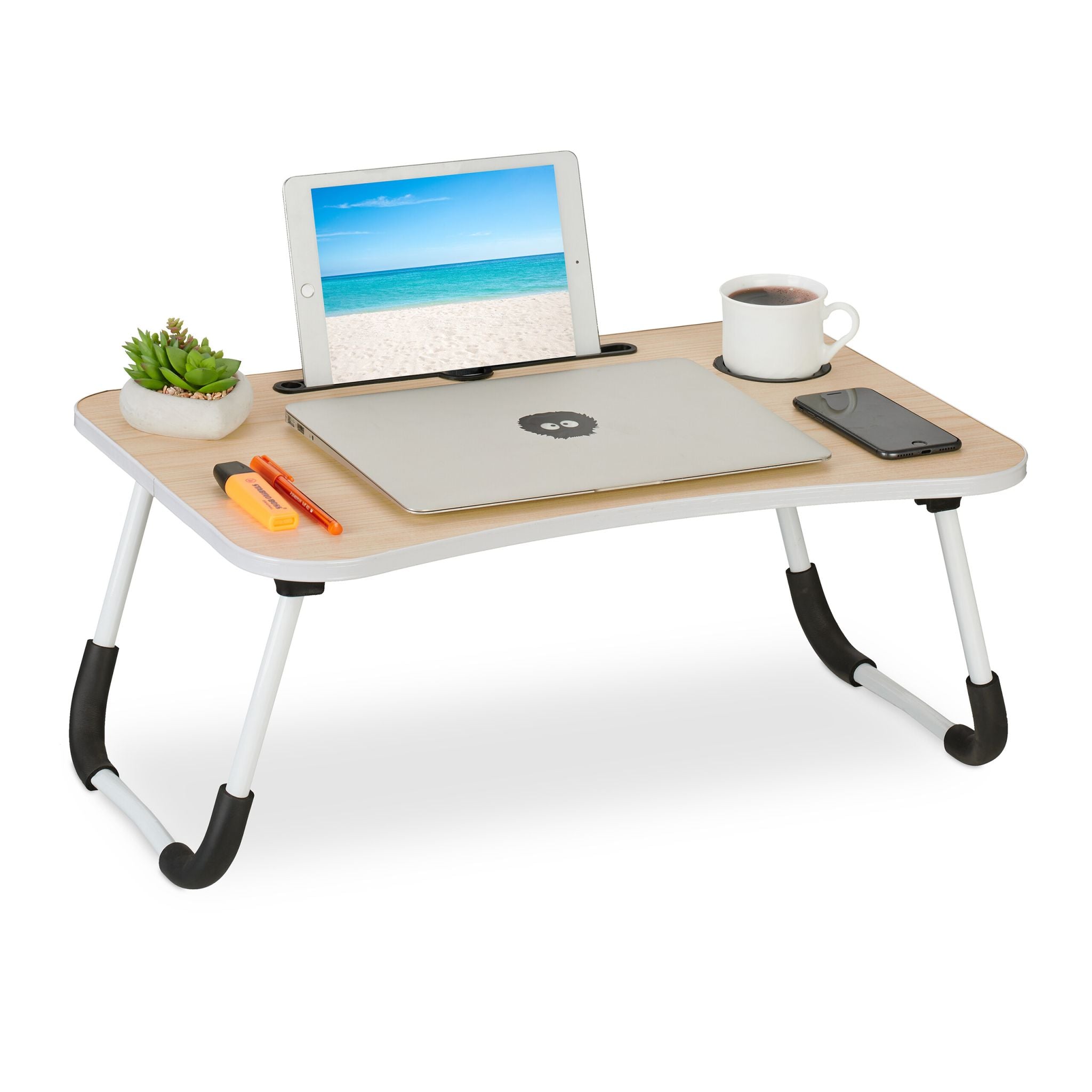 Laptoptisch mit Tablet- & Getränkehalter Weiss-Hellbraun-Schwarz von Relaxdays