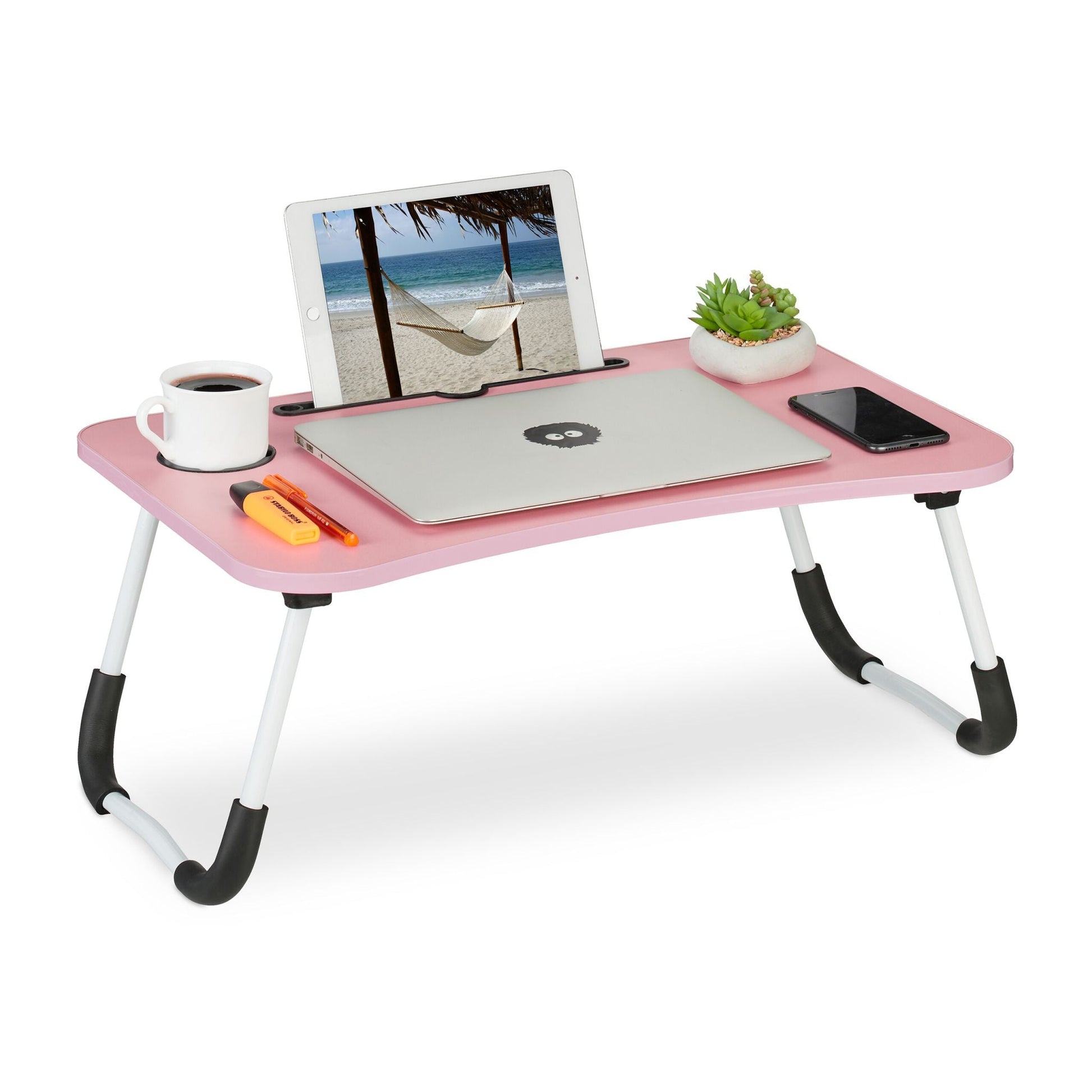 Laptoptisch mit Tablet- & Getränkehalter Weiss-Rosa-Schwarz von Relaxdays