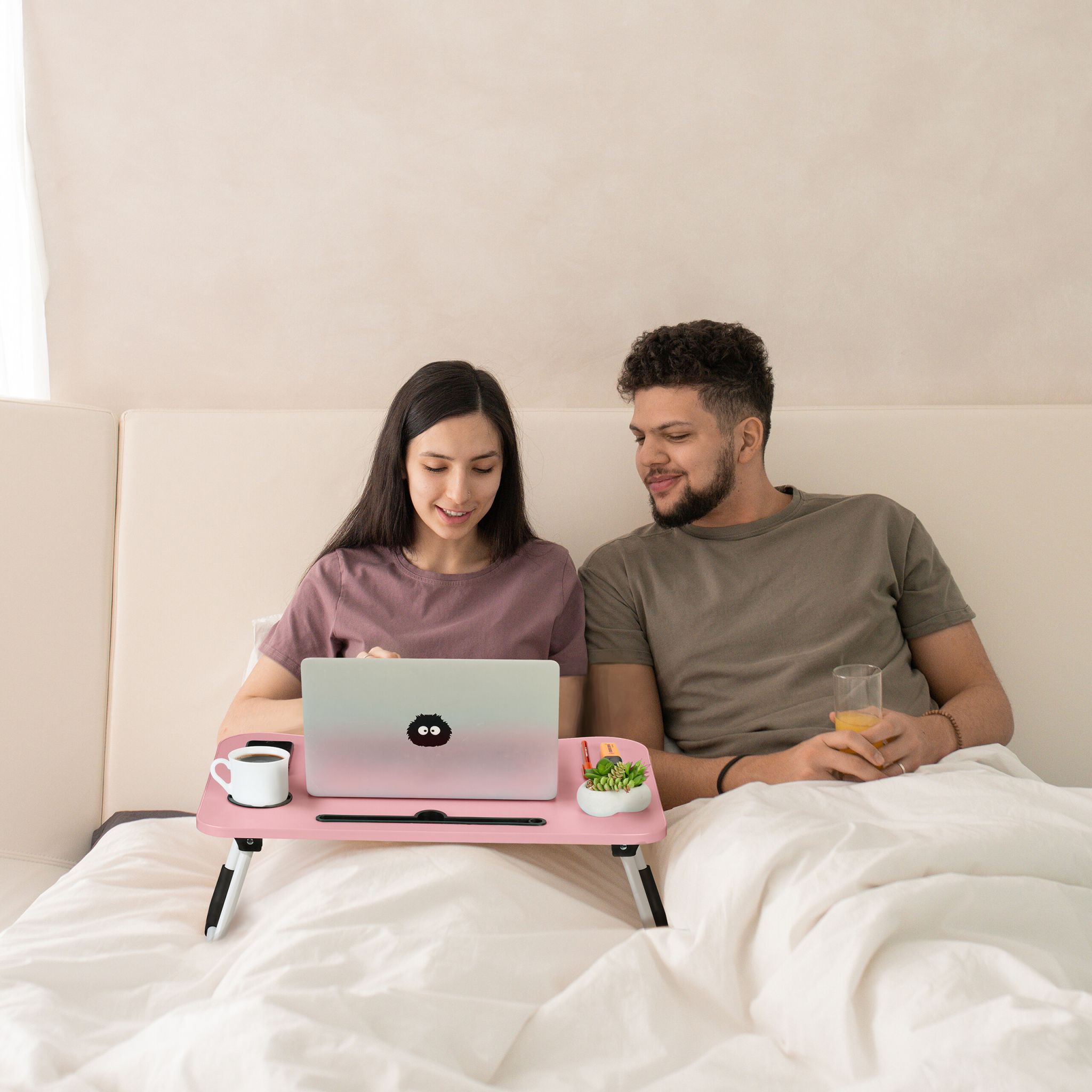 Laptoptisch mit Tablet- & Getränkehalter Weiss-Rosa-Schwarz von Relaxdays