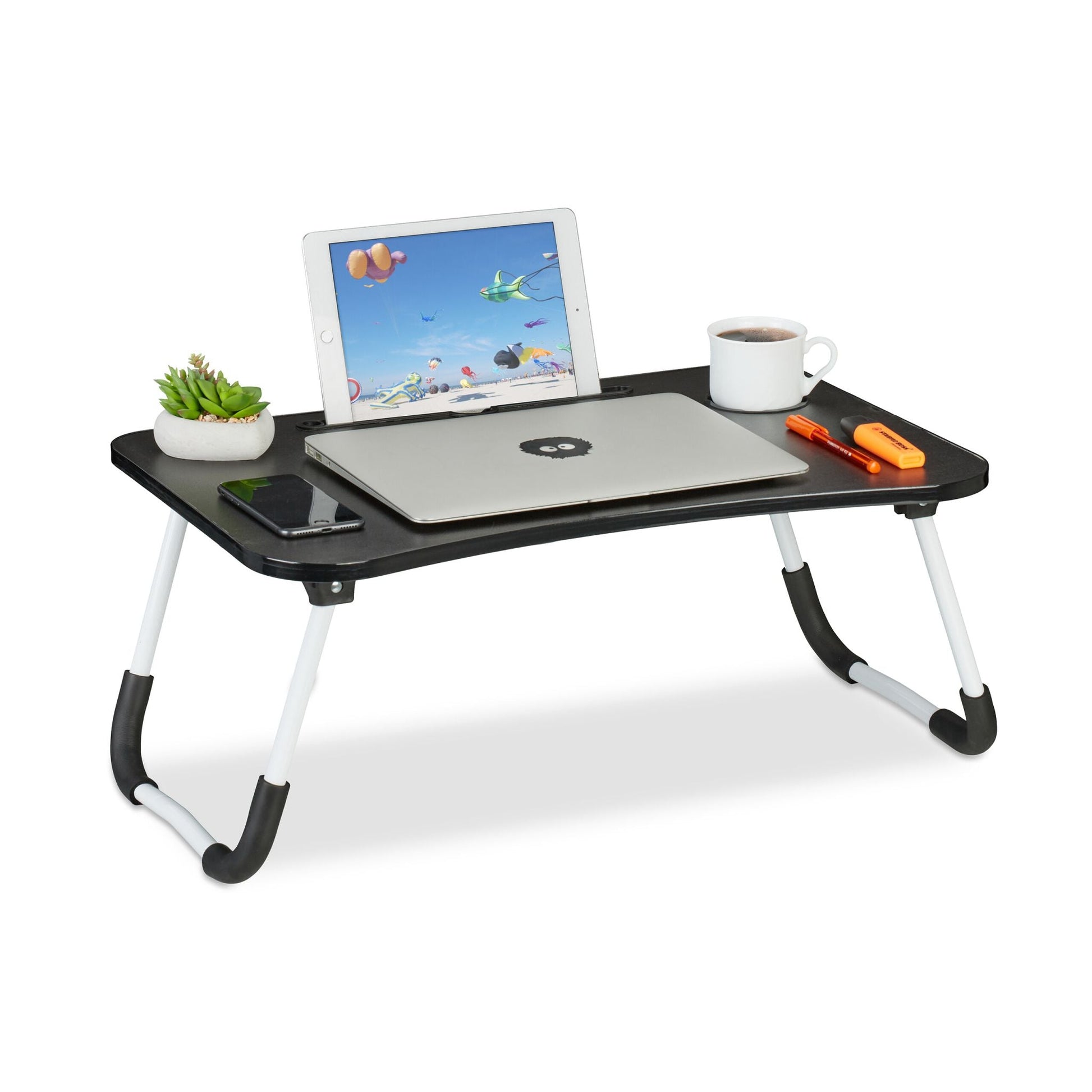 Laptoptisch mit Tablet- & Getränkehalter Weiss-Schwarz von Relaxdays