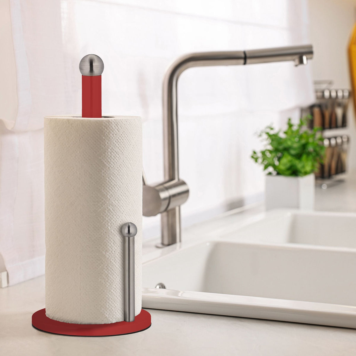 Küchenrollenhalter mit Abrollstop Rot-Silber von Relaxdays