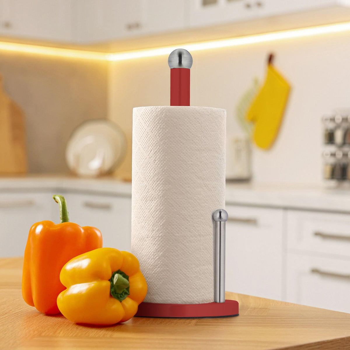 Küchenrollenhalter mit Abrollstop Rot-Silber von Relaxdays