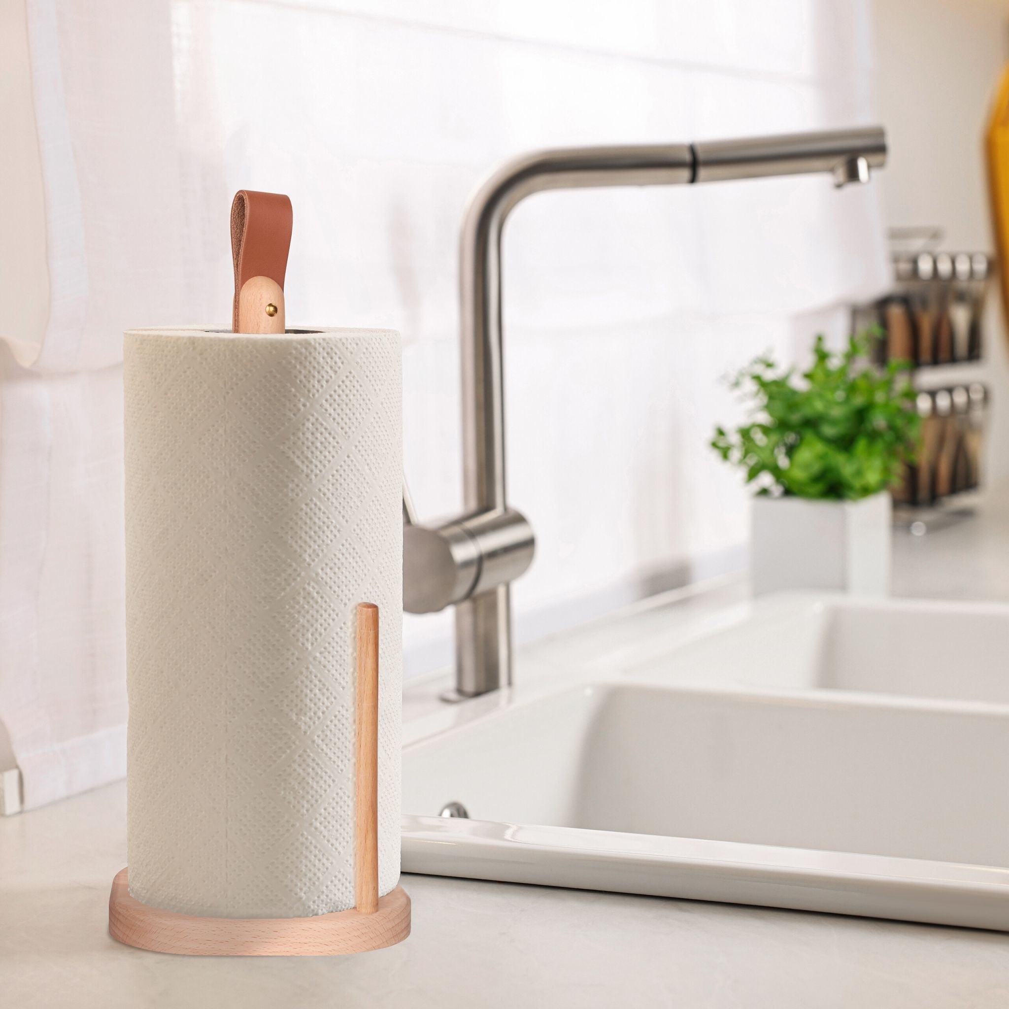Eckiger Küchenrollenhalter Holz Braun-Hellbraun von Relaxdays