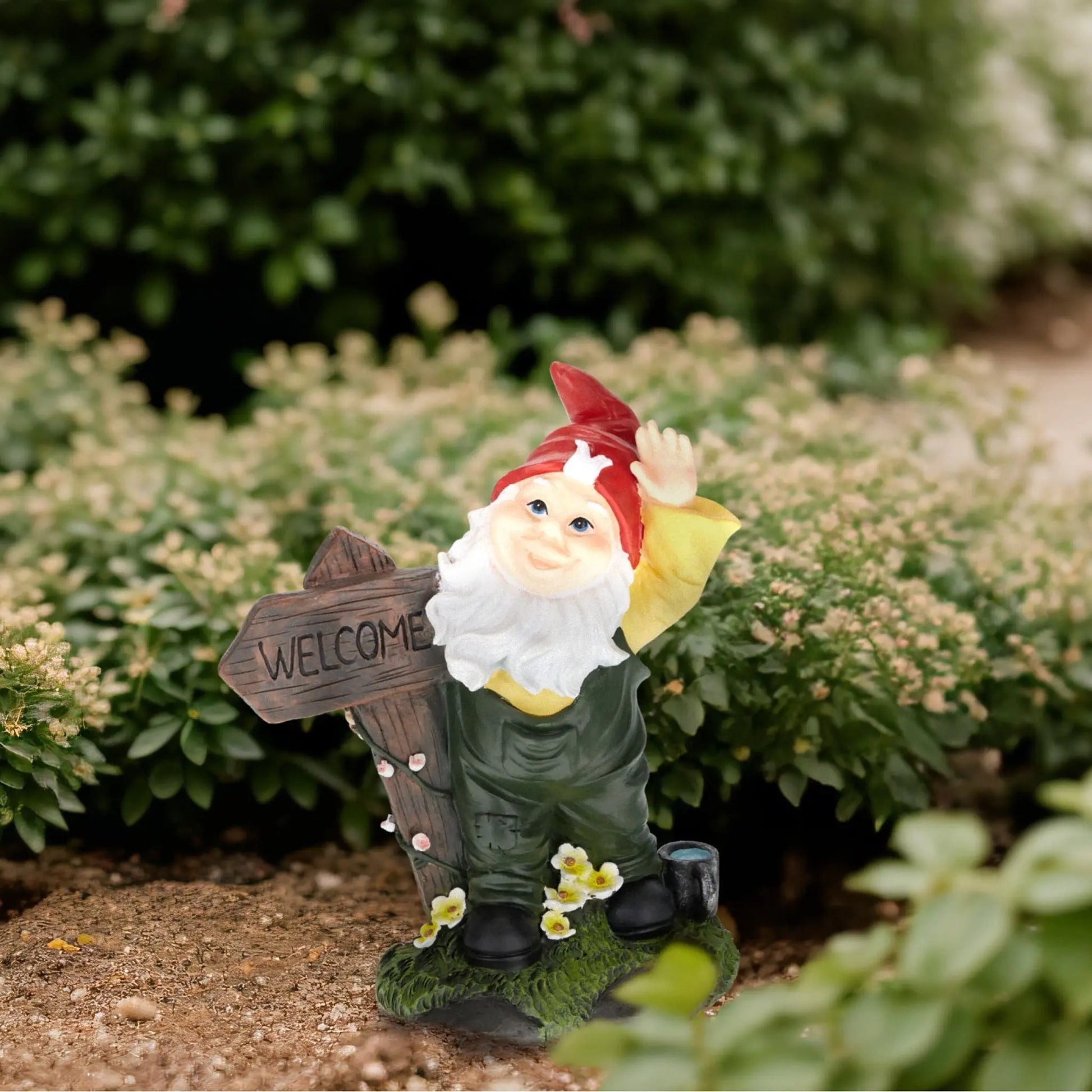 Gartenzwerg mit Welcome-Schild Weiss-Dunkelbraun-Dunkelgrün von Relaxdays