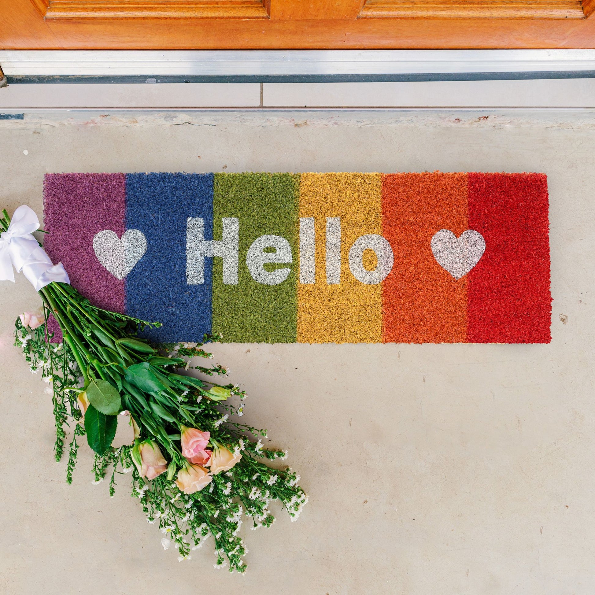 Kokos Fussmatte Hello Regenbogen Blau-Grün-Orange von Relaxdays