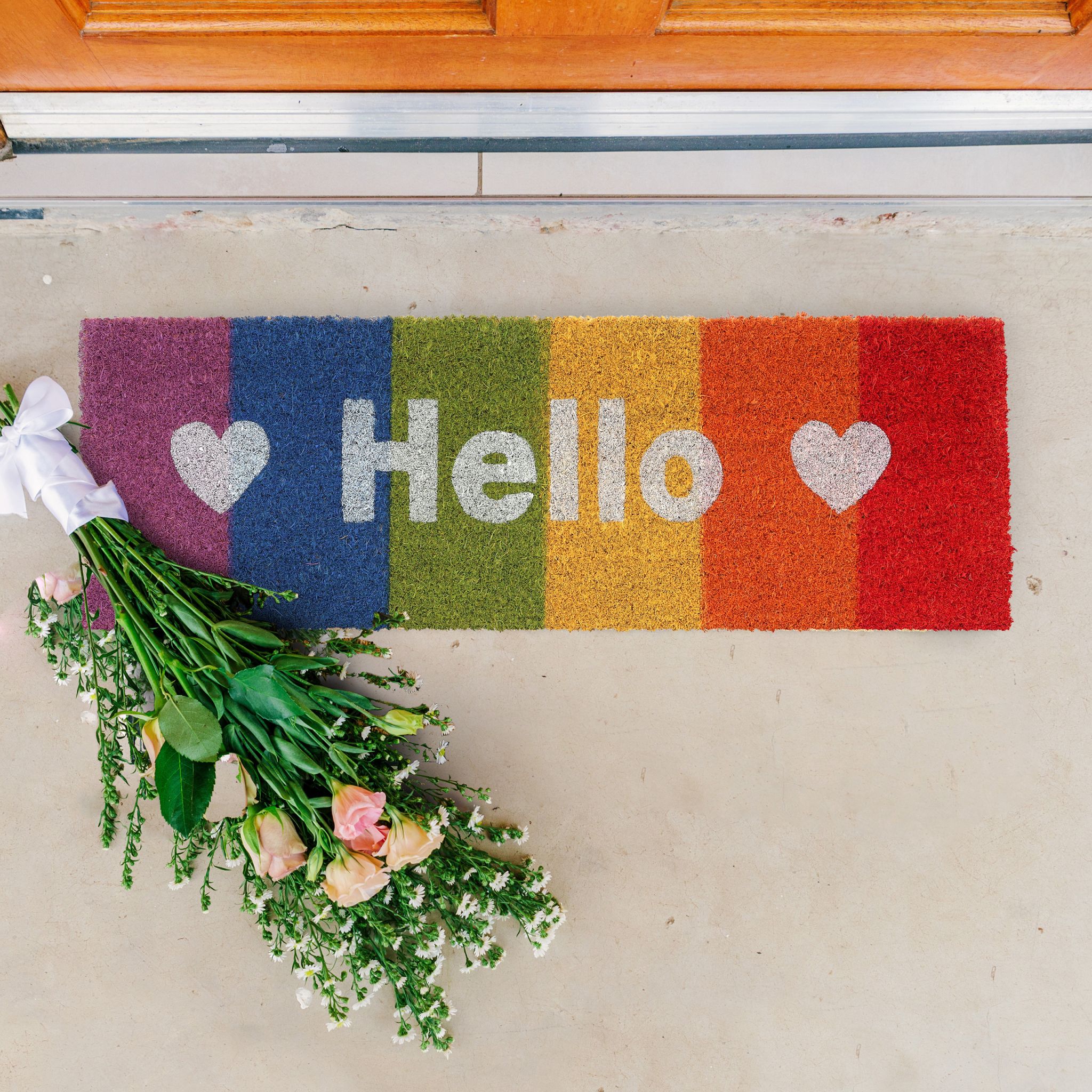 Kokos Fussmatte Hello Regenbogen Blau-Grün-Orange von Relaxdays