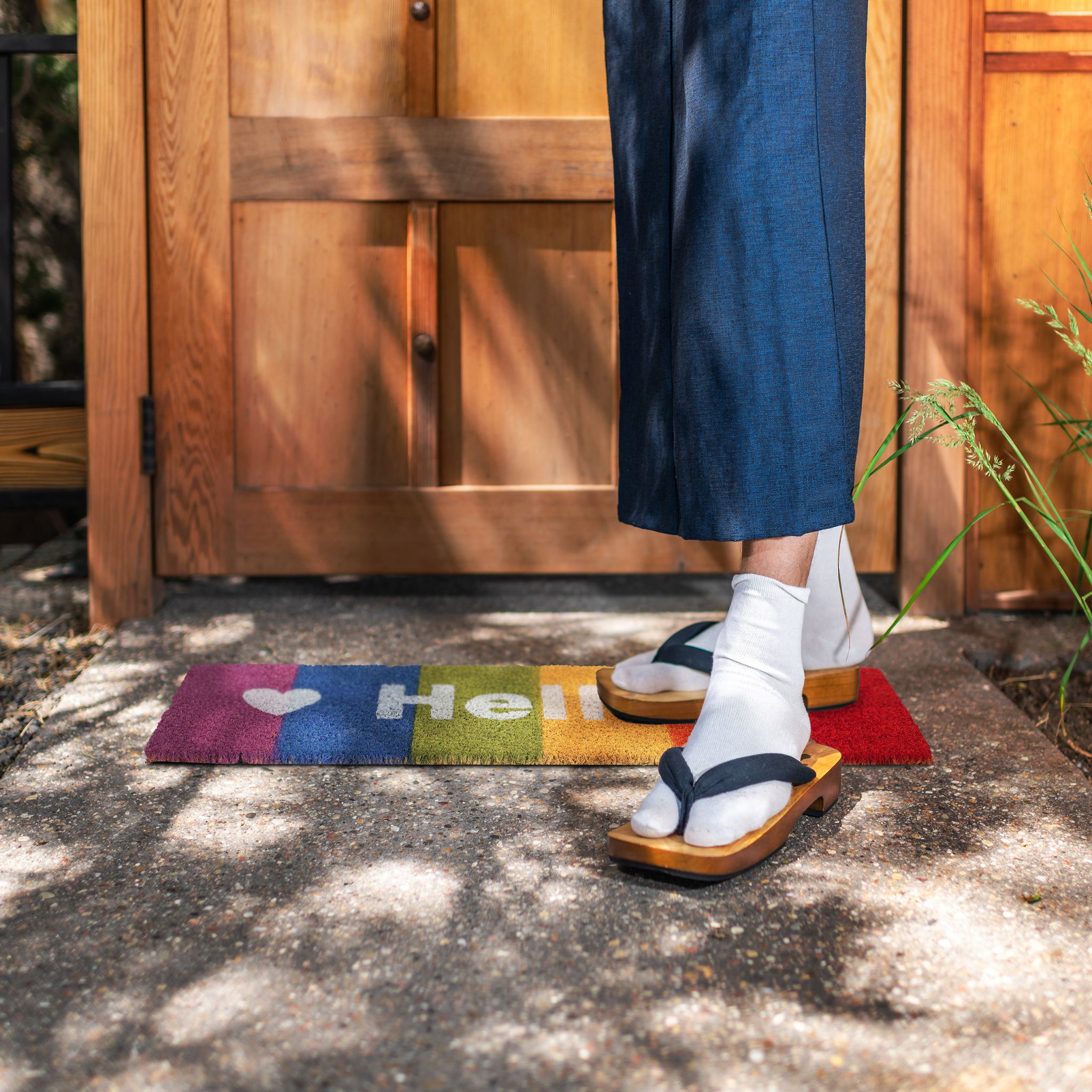 Kokos Fussmatte Hello Regenbogen Blau-Grün-Orange von Relaxdays