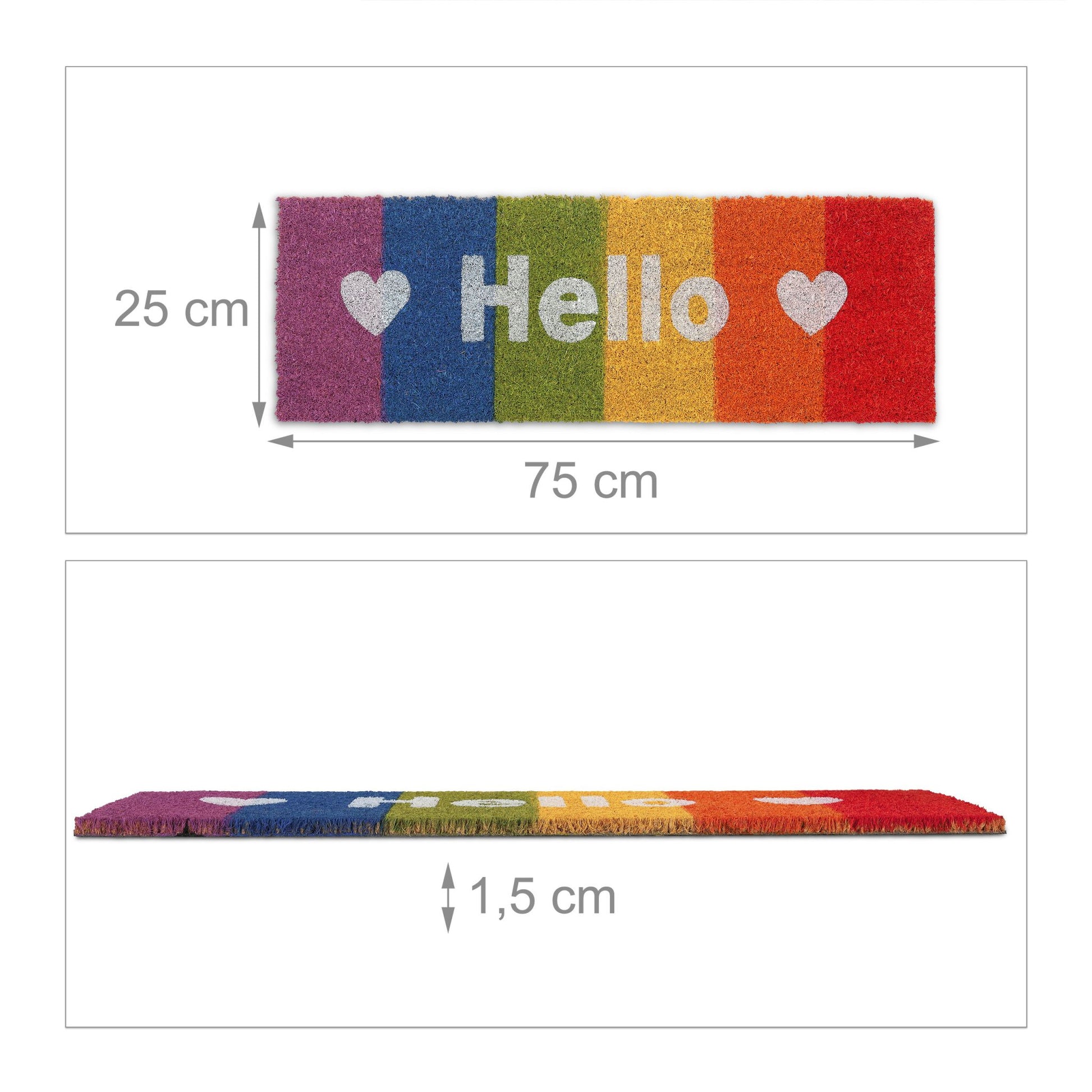 Kokos Fussmatte Hello Regenbogen Blau-Grün-Orange von Relaxdays