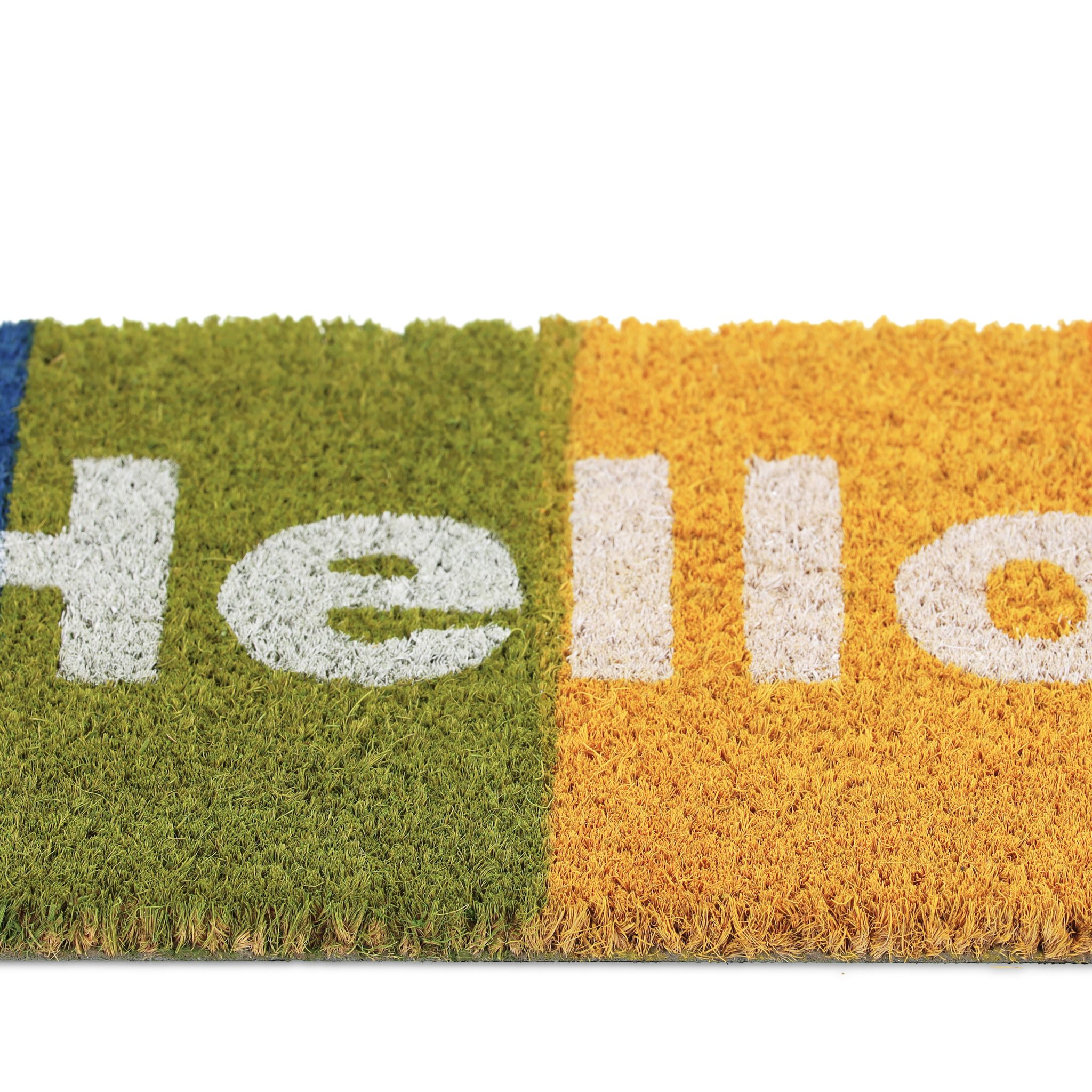 Kokos Fussmatte Hello Regenbogen Blau-Grün-Orange von Relaxdays