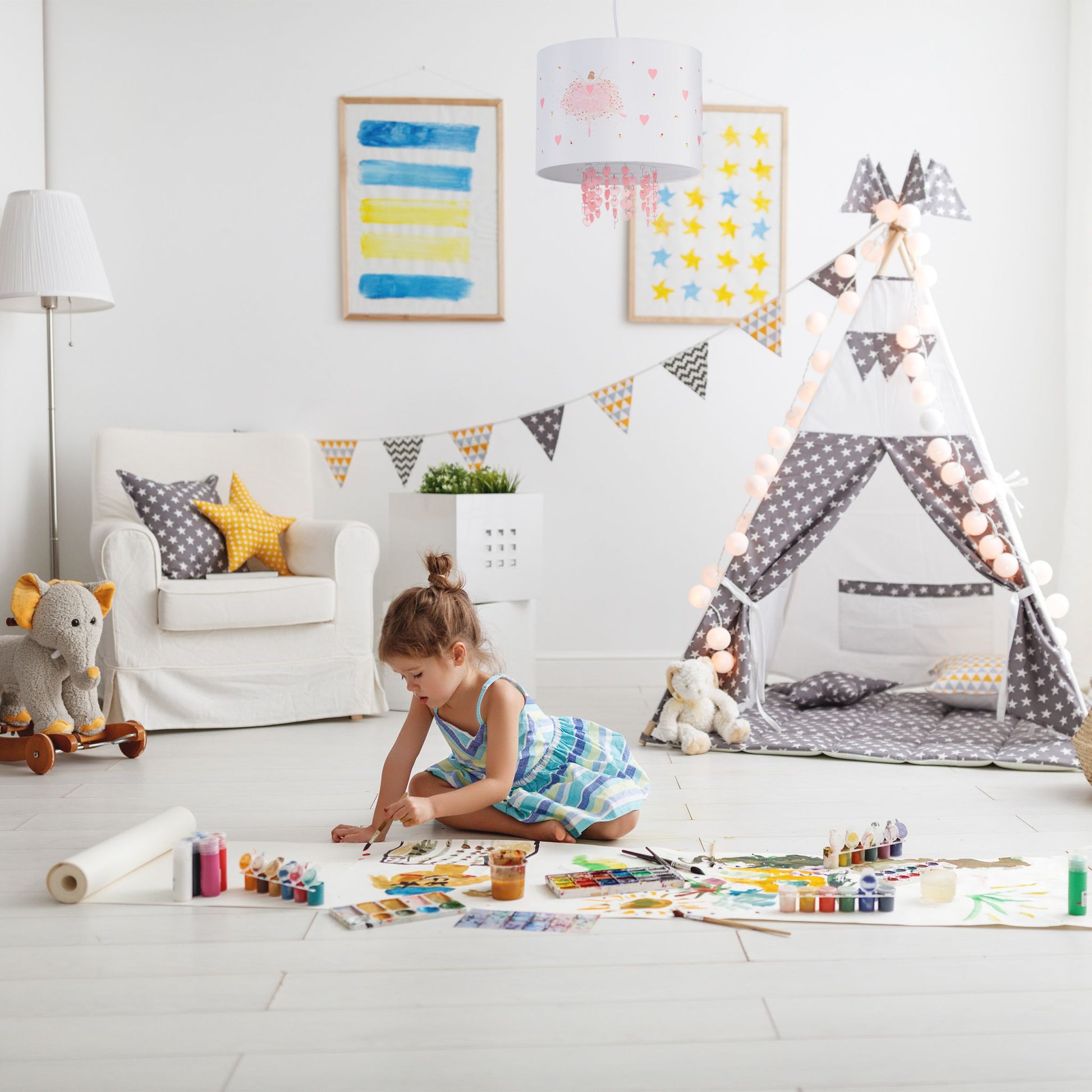 Hängelampe Kinderzimmer Ballerina Weiss-Gelb-Rosa von Relaxdays