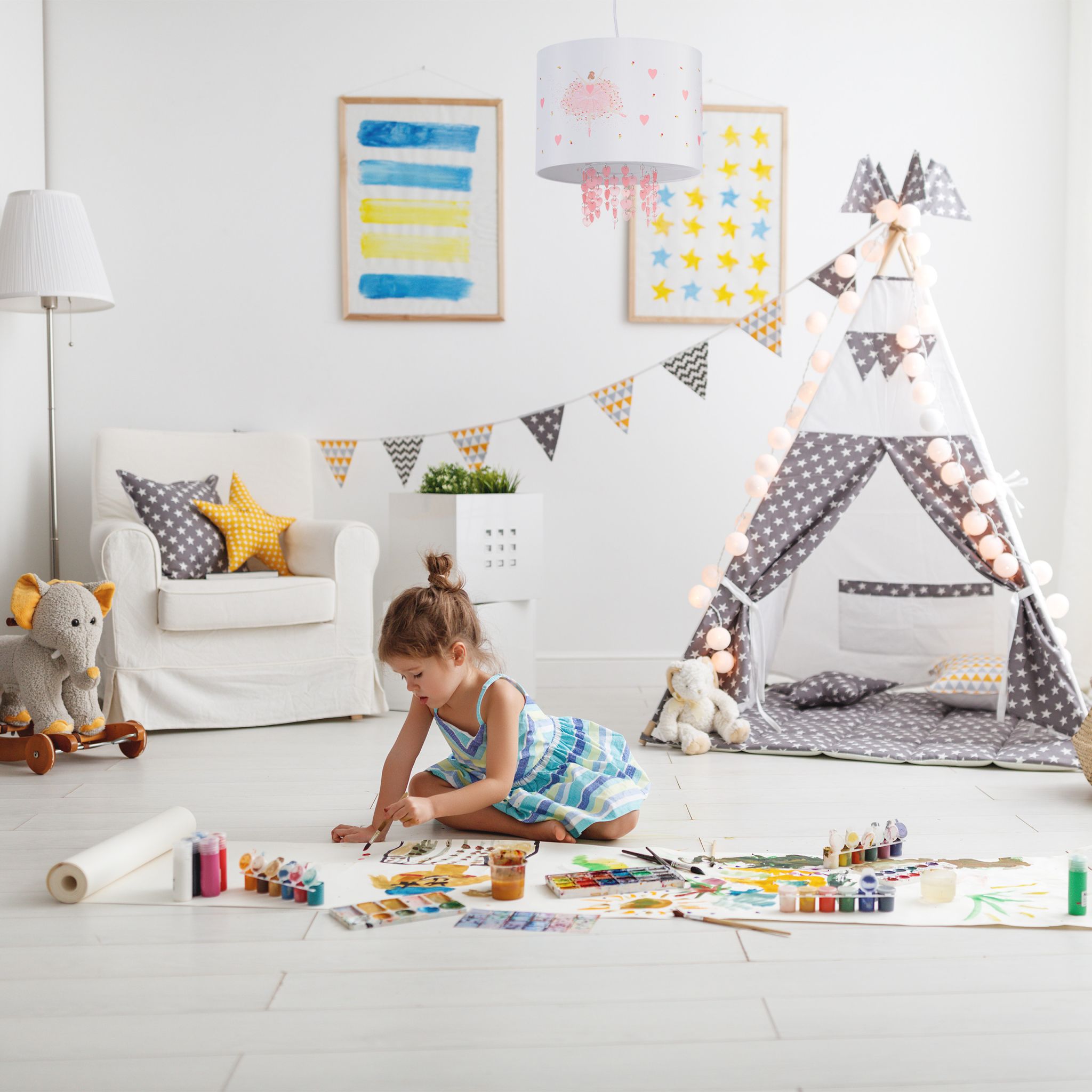 Hängelampe Kinderzimmer Ballerina Weiss-Gelb-Rosa von Relaxdays